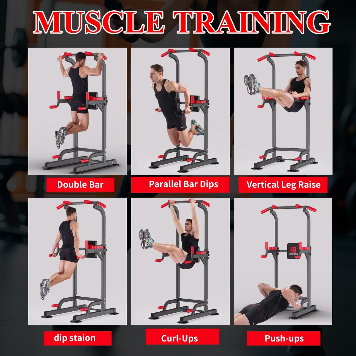 K KiNGKANG Power Tower Pull Up Bar Station, Load 450 lbs with 6-Height Adjustment Workout Dip Station for Home Gym Fitness Equipment