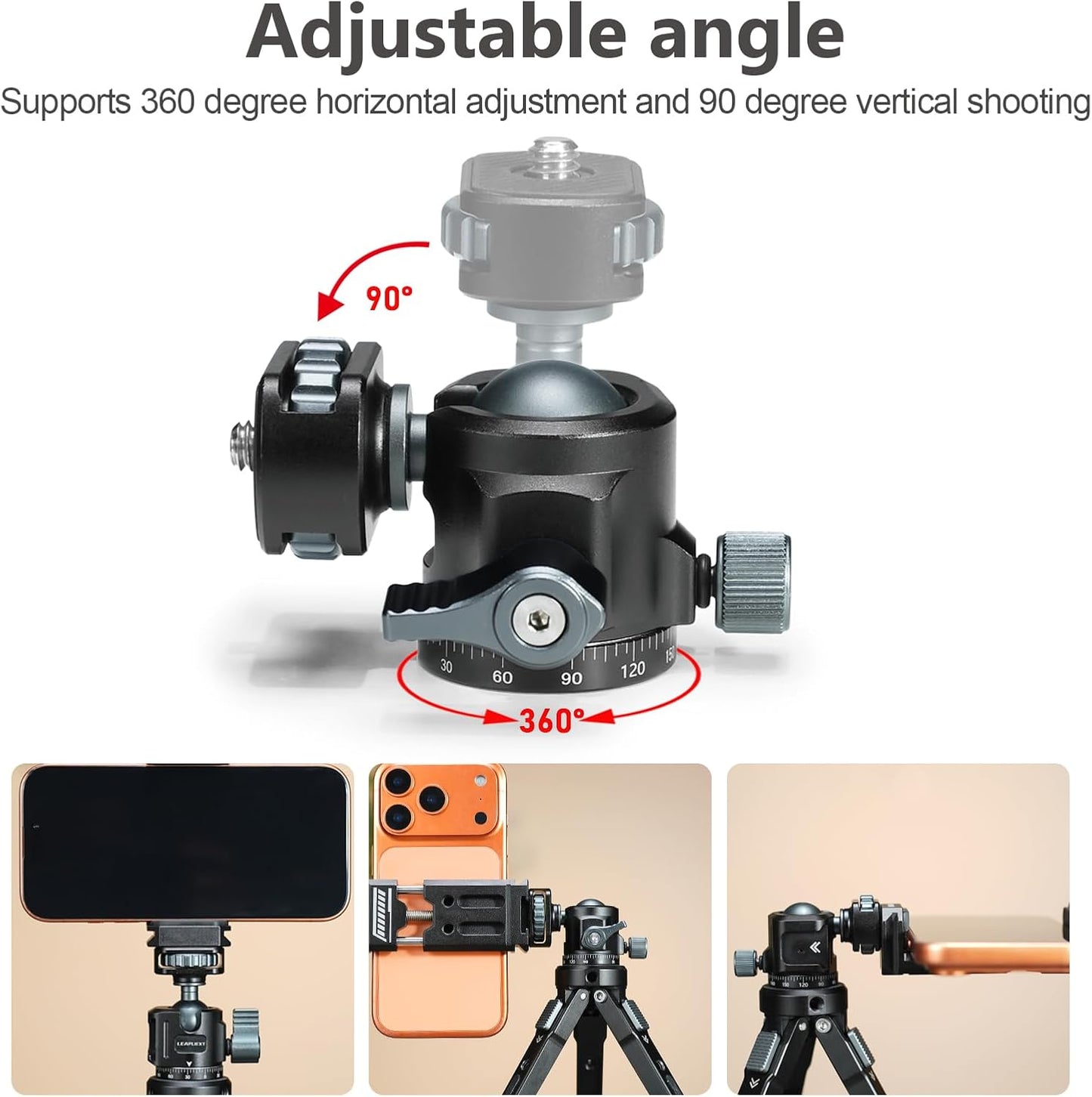 LEAPLIEXT 360 1/4-inch 2.5kg/5.5 lbs Tripod Metal Ball Head, Panoramic Rotating Base Adapter, with Screw and Cold Shoe