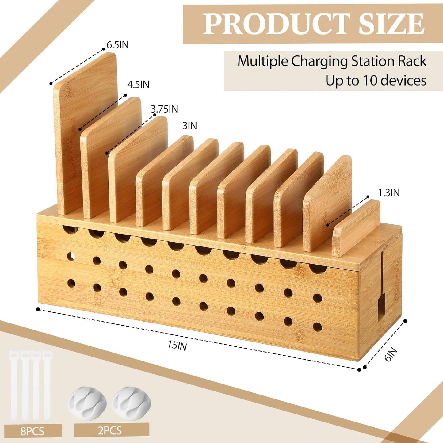 Burbell 10 Bamboo Charging Station for Multiple Devices, Cell Phone Docking Charging Station Organizer and Cord