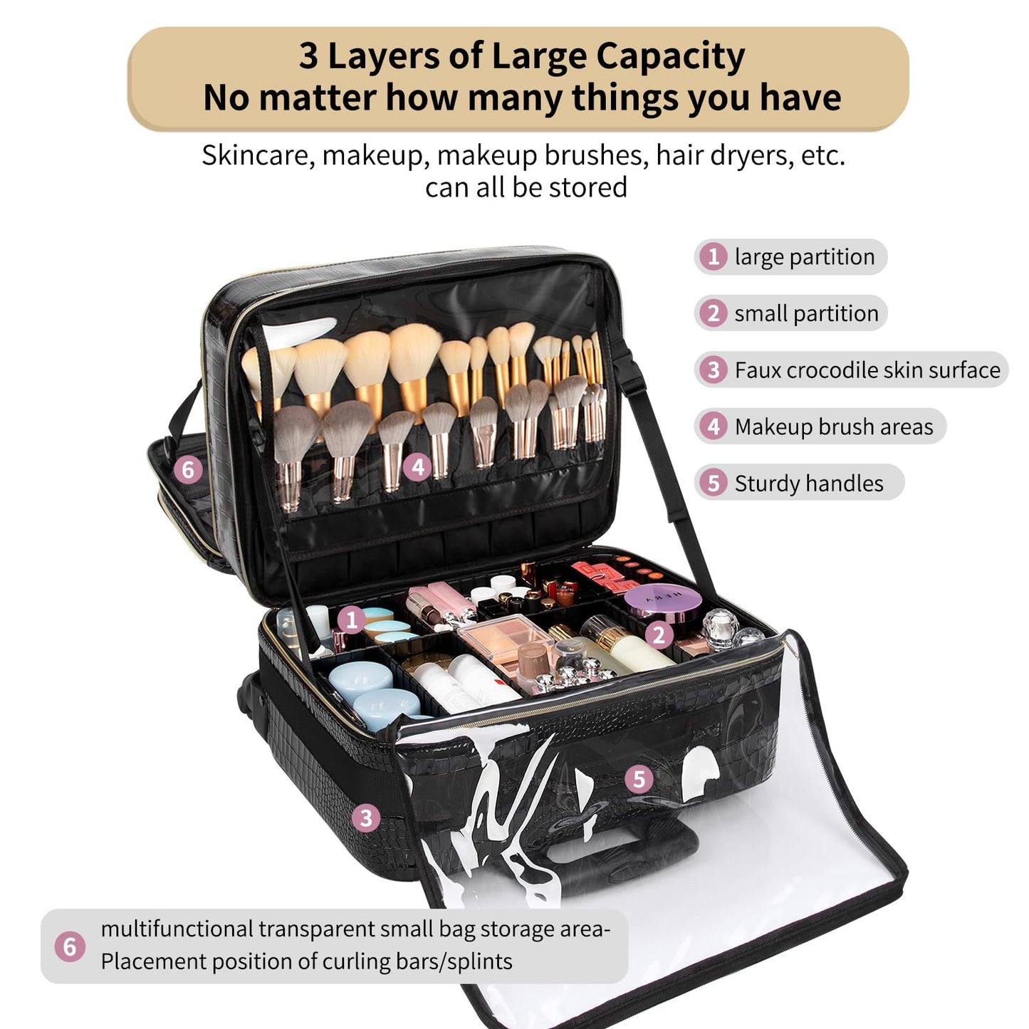 OCHEAL 18 Inch Rolling Makeup Train Case, Extra Large Travel Cosmetic Organizer Storage Trolley with Wheels, 3 Layers & 3 Travel Makeup Bags Carry On for Hairstylist Cosmetology Artist