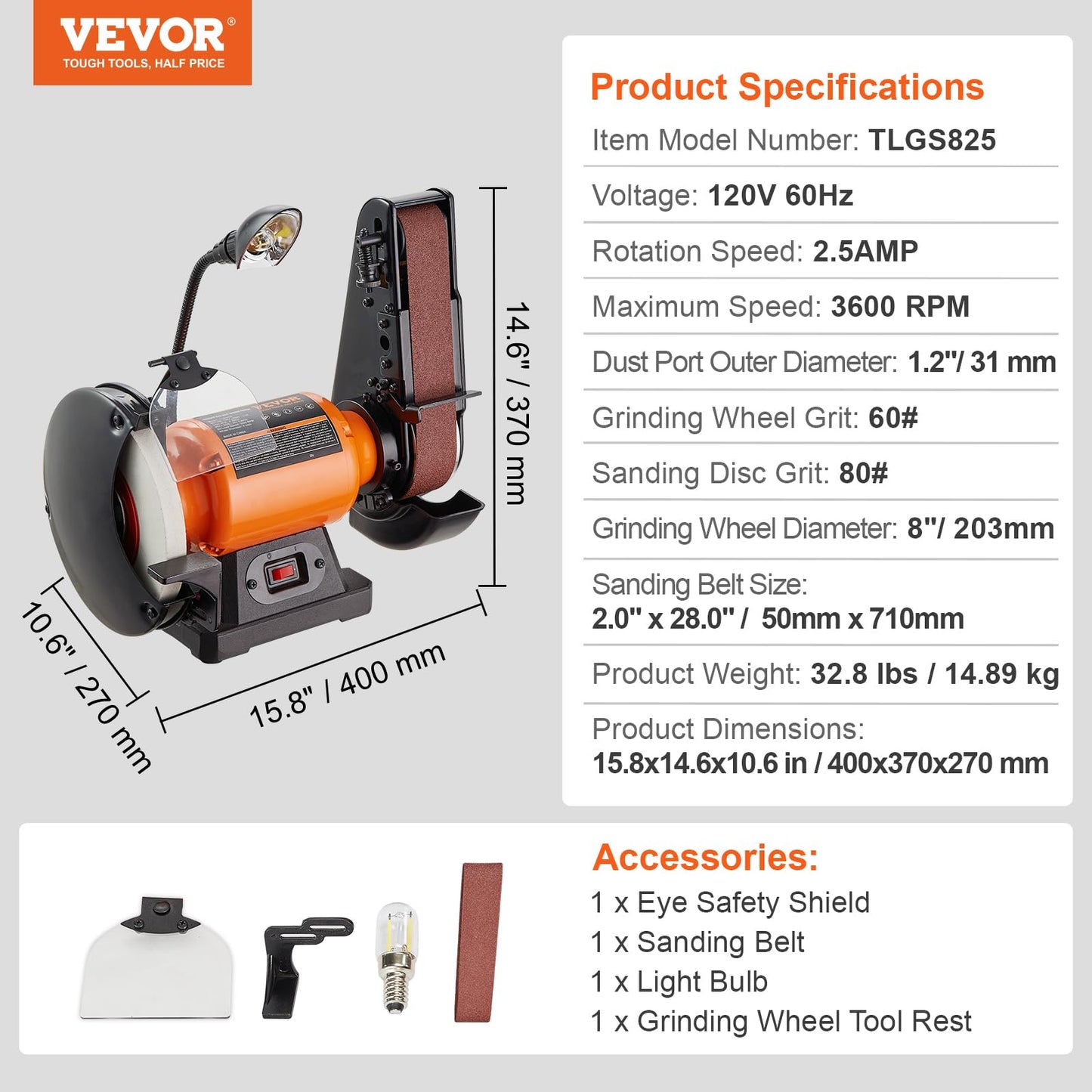 VEVOR 8 Inch Bench Grinder, Bench Grinder Sander with 2 x28 Inch Belt Sander Combo and 2.5A Induction Motor for Metalworking Sharpening Grinding