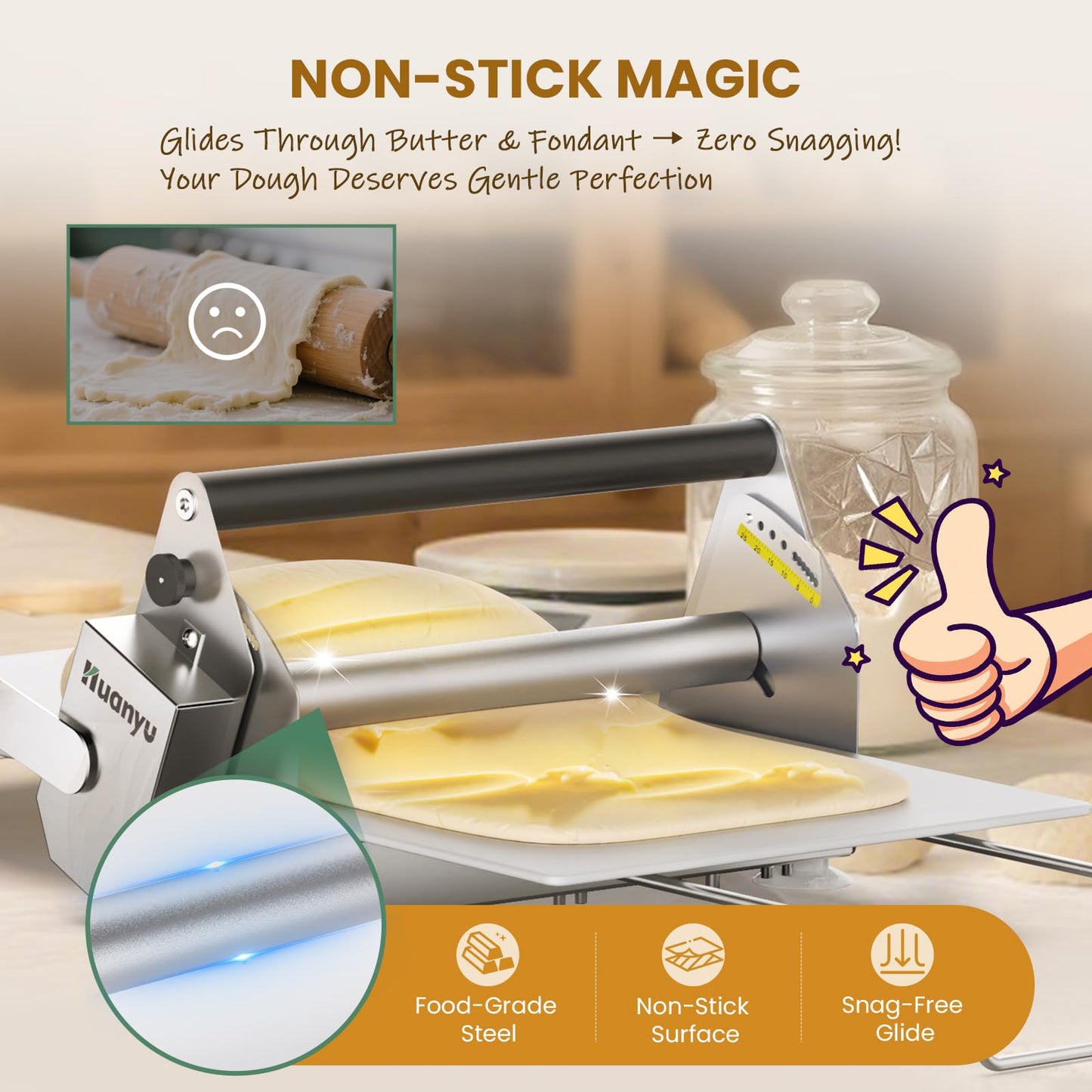 Huanyu Manual Dough Sheeter 12”, 10 Adjustable Thickness 0.1mm-17.5mm, Tool-Free Assembly, for Home Bakers & Small Bakeries, Croissant, Pizza, Pasta, Fondant