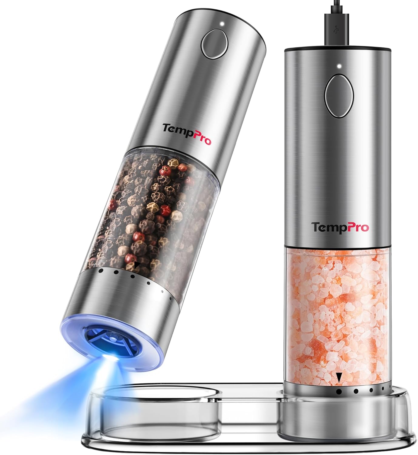 TempPro Electric Salt and Pepper Grinder Set - Rechargeable Automatic Mill with LED | 100ml, 2-Pack