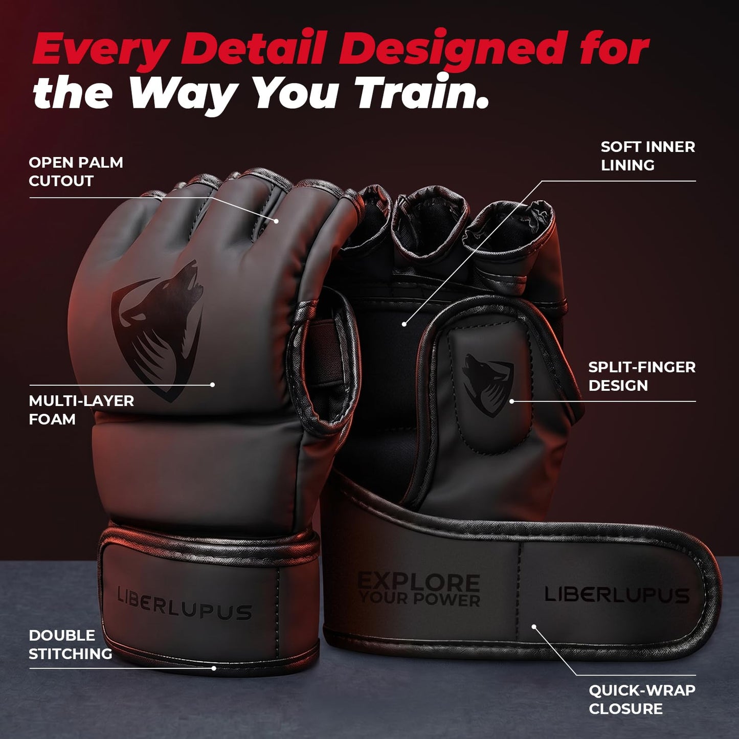 LIBERLUPUS MMA Gloves Sparring for Men– Open Palm Training Gloves for Grappling, Kickboxing, Muay Thai, Youth Self-Defense, Heavy Bag Workouts – Durable Synthetic Leather with Wrist Support