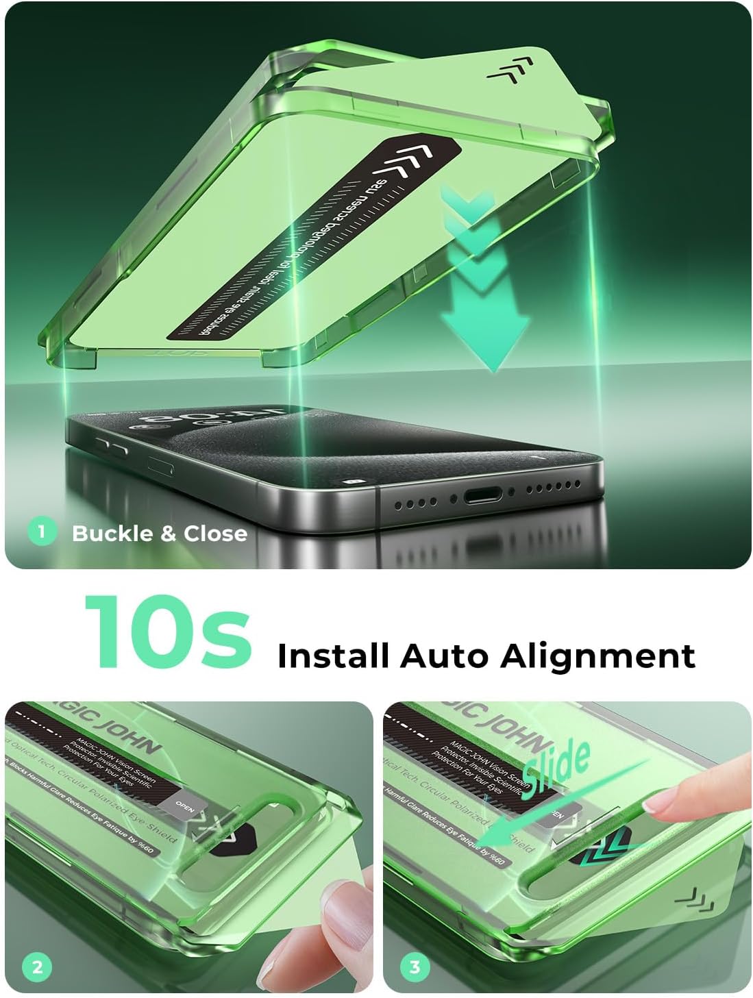 2PACK 15 (6.7") 9H MAGIC JOHN for iPhone Pro Max Eye Protection Screen Protector, HD Clear, Auto Dust-Elimination
