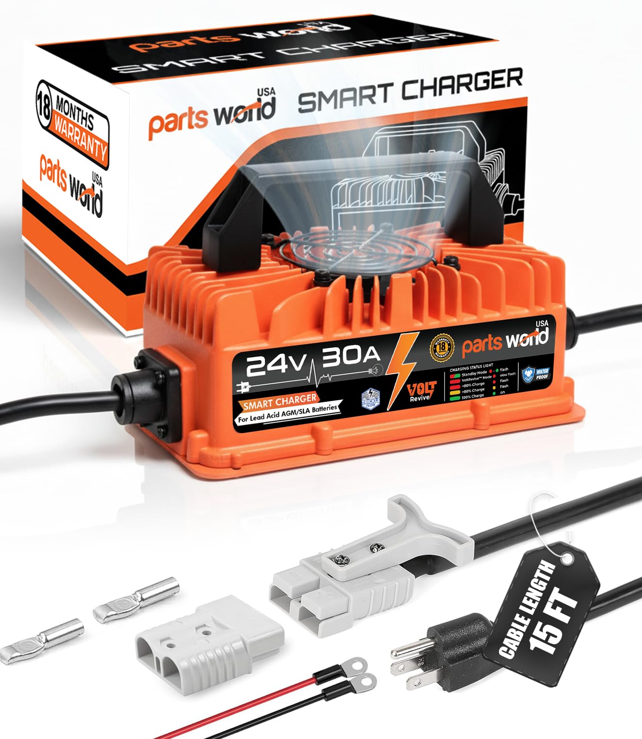 VoltRevive™ 24V 30A Lead-Acid Industrial Battery Charger for Forklifts, Pallet Jack, Scrubbers & Golf Carts | SB-50A Anderson Plug with Temp Sensor | Fast Charging with TrickleFlow™ | IP67 Waterproof