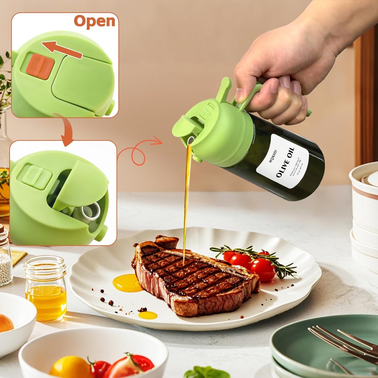 Skiennix 2-in-1 Glass Oil Sprayer & Dispenser - 16oz Olive Oil Bottle for Cooking & Salad | White & Dark Green