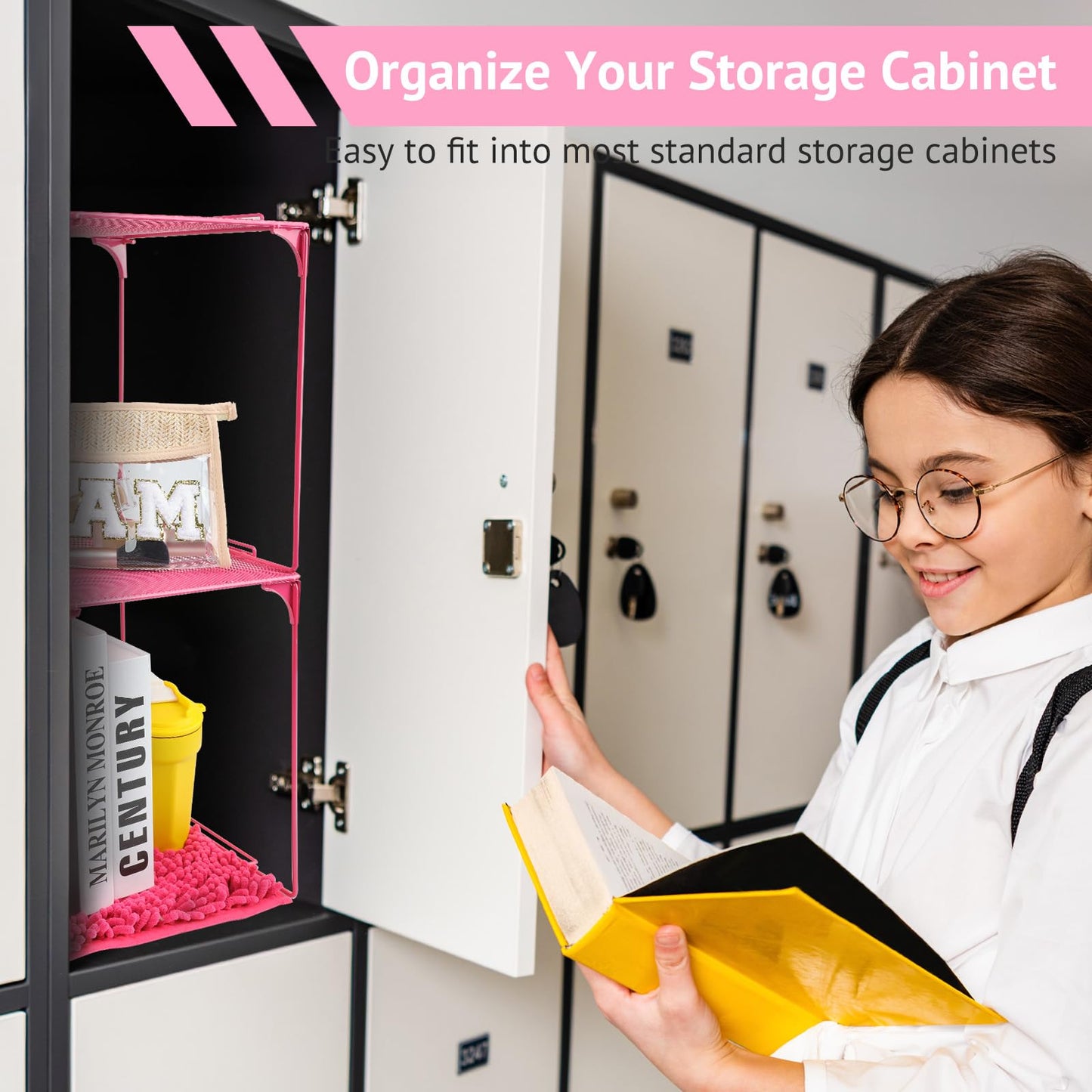 AUECOOME Locker Organizer Shelf Stackable Extra Locker Shelf for School Locker Organizer Storage Cabinet Accessories Suitable for School, Office, and Home use (1, Pink)