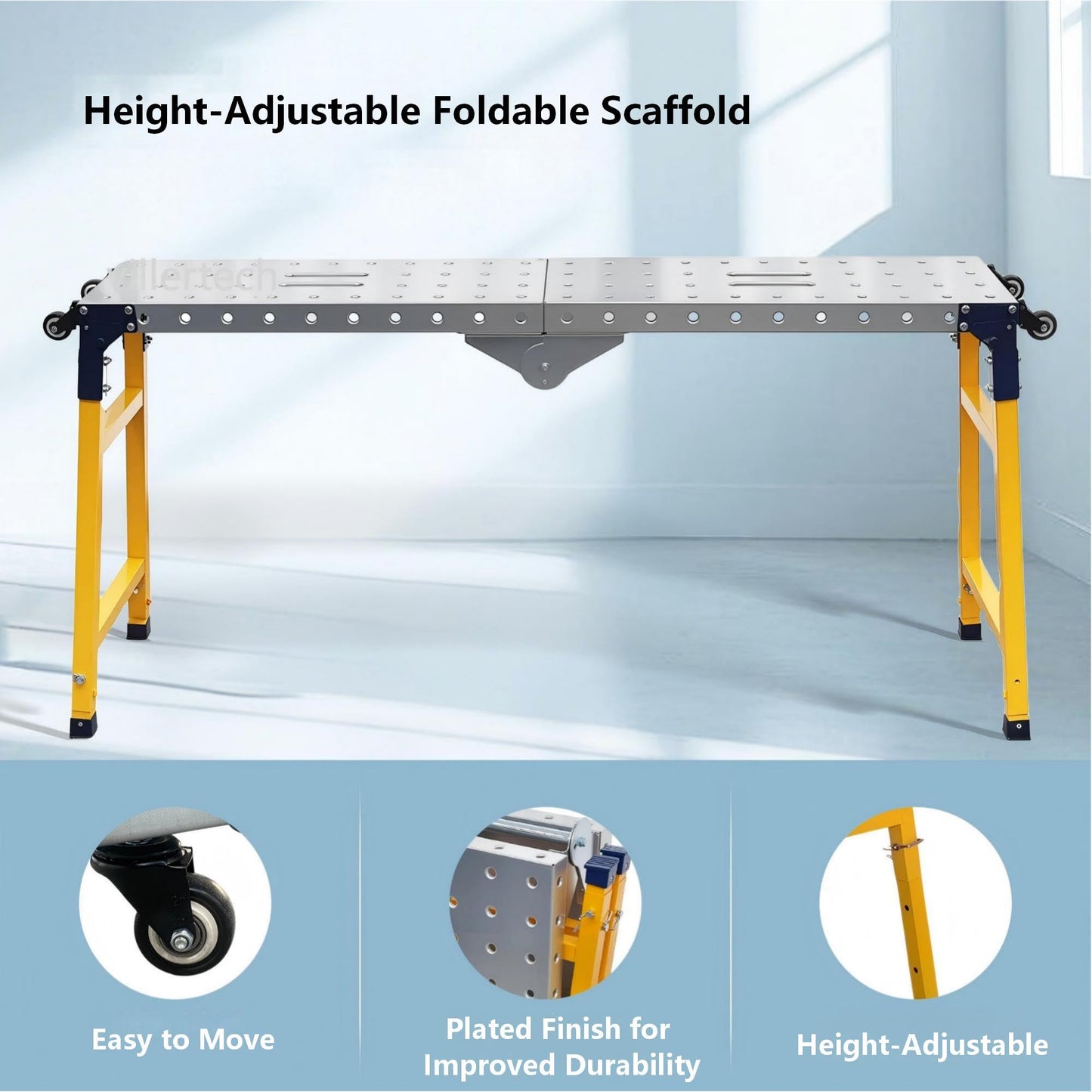Villertech Folding Scaffolding Platform 1100 Lbs Height Adjustable Anti Slip Steel Step Ladder Stool with Galvanized Coating Anti-Slip Feet for Construction Car Washing Roof Snow Removal（59" Wide）