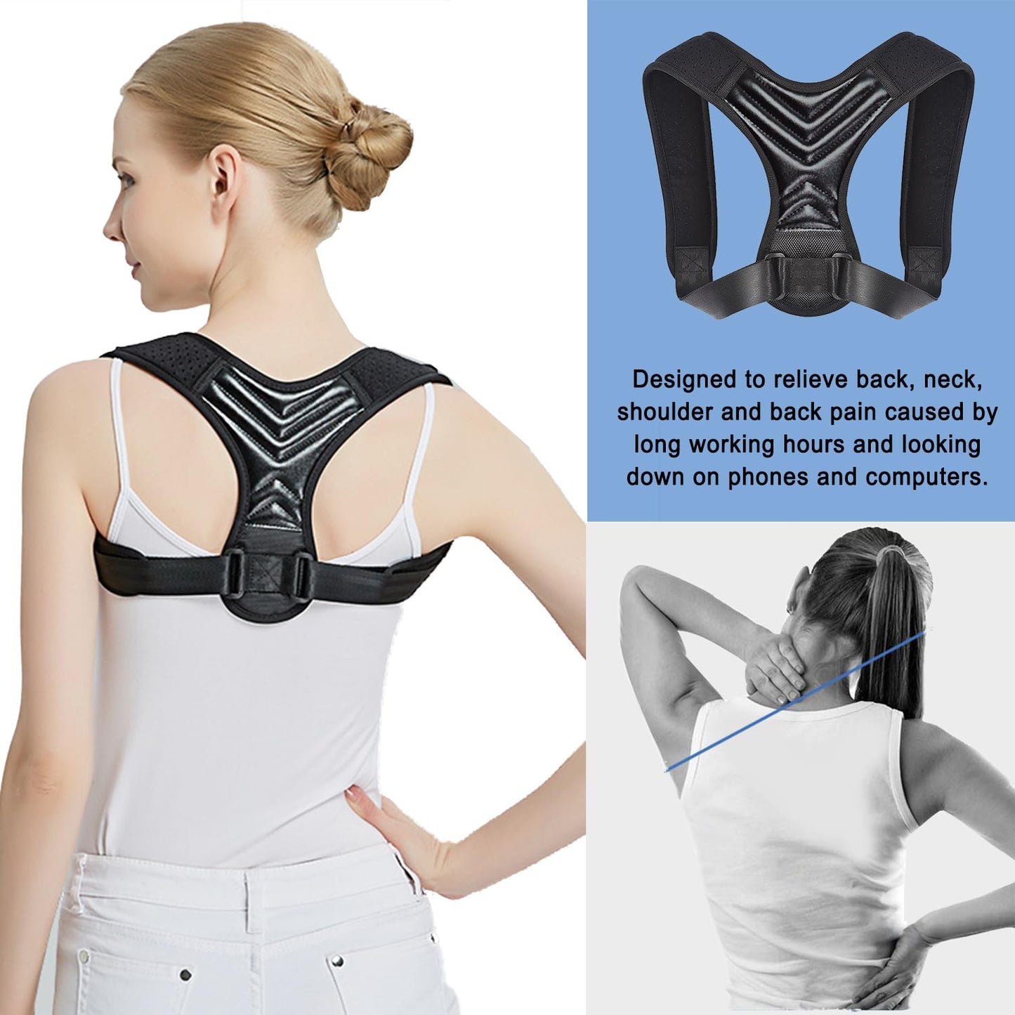 Posture Corrector, Back Brace for Women and Men, Adjustable Back Support, Shoulder Straightener for Improving Hunchback, Providing Pain Relief from Neck, Shoulder, and Upper Back - Black