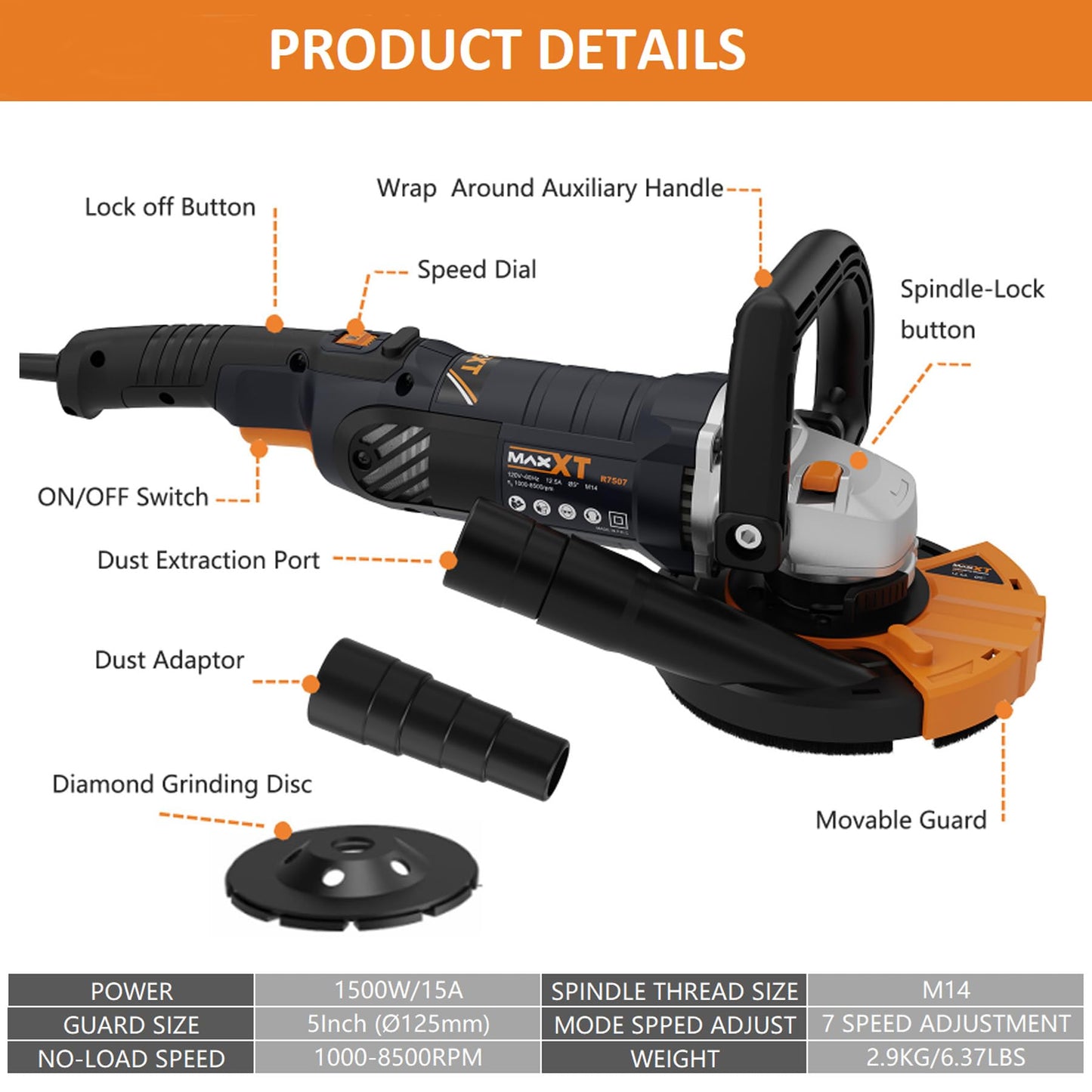 Concrete Surface Grinder Sander 1500W, MAXXT 5 Inch Angle Grinder Set 1000-8500RPM 7 Speed Adjustments, Concrete Sander with Removable Guard for Polishing（Includes 2 Diamond Sanding）