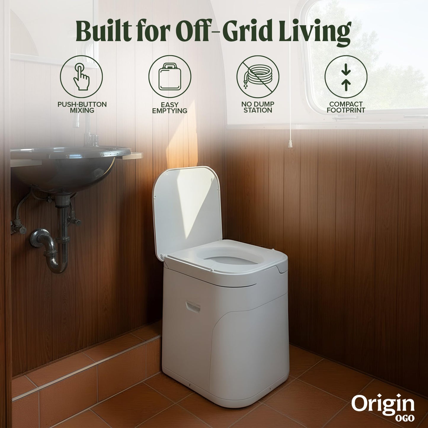 OGO Origin Composting Toilet – 12V Electric Agitator, Urine Diverting RV Toilet for Van Life, Tiny Home & Boat – 15" Compact, Odorless Off-Grid Toilet, No Black Tank