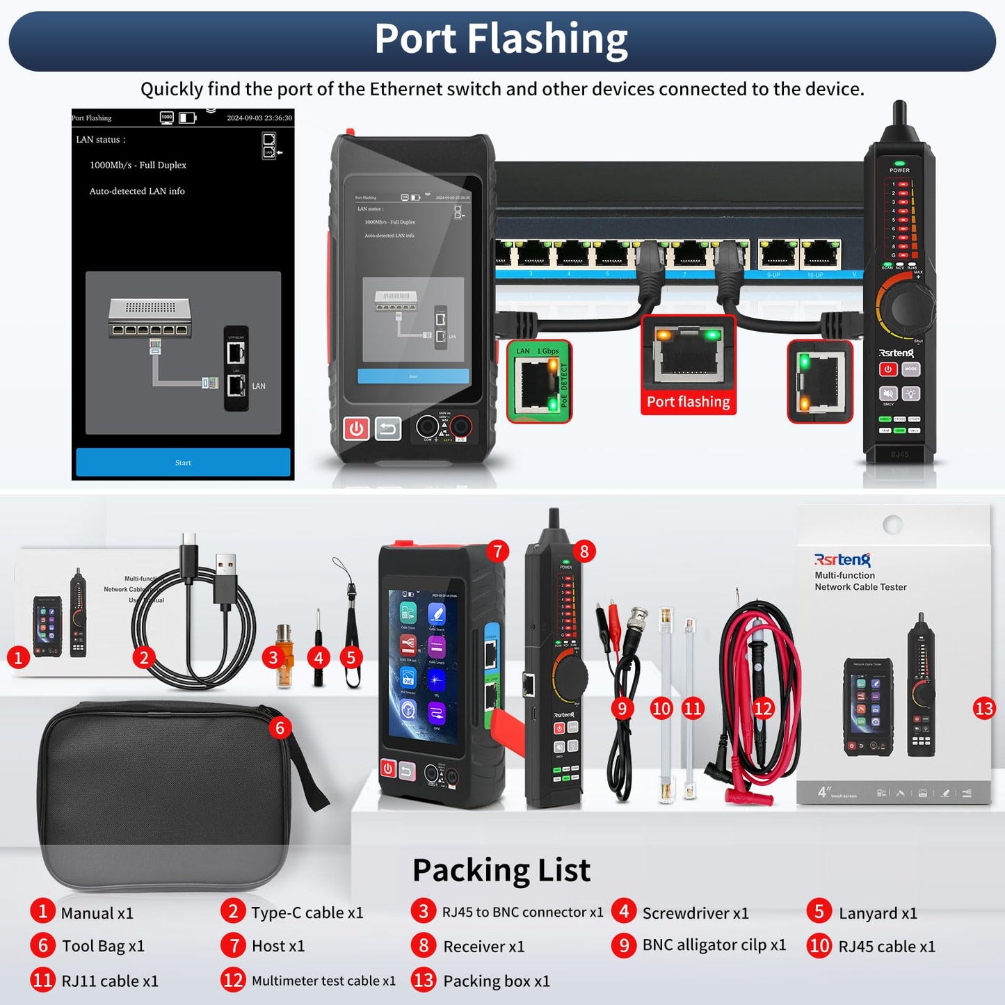 Multifunction Network Caber Tester,UTP Ethernet Cable Tester,Cable Tracer,4" IPS Touch Screen Network Tester Support DMM,OPM,Network Tools,POE++ Detect,RJ45 TDR,Length,FTP,NCV,IP/LLDP/CDP/PD/PPPOE
