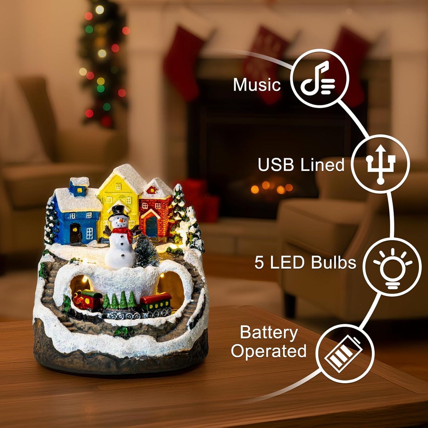 ZQQLITE Animated Musical Christmas Snowman Village - Lighted Figurines with Rotating Train for Festive Home Decor