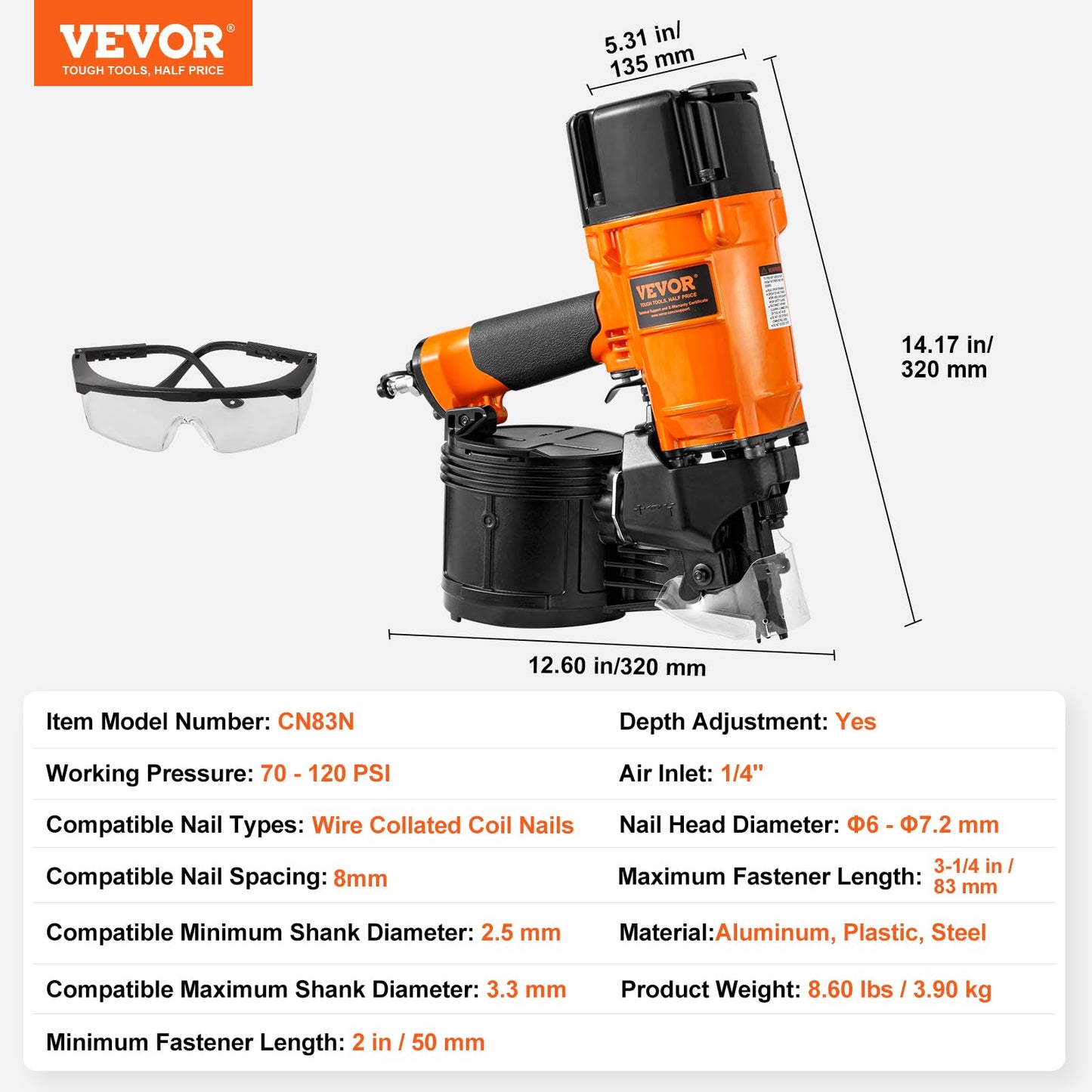 VEVOR Coil Siding/Framing Nailer CN83N, 2" to 3-1/4" 15 Degree Pneumatic Siding Nail Gun with Tool-Less Depth Adjustment, 70-120PSI Air Coil Nailer for Siding Sheathing Wooding Fencing Decking