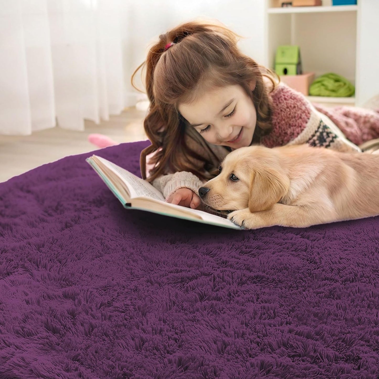 OLANLY Dark Purple Round Rug - Soft & Fluffy 4 ft Machine Washable Area Rug for Bedroom & Living Room Decor