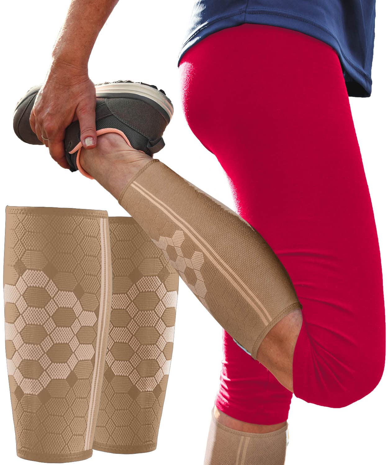 Sparthos Calf Compression Sleeves (Pair) – Leg Compression Socks for Men and Women – for Shin Splint, Calf Pain Relief, Air Travel Flight, Nurses, Maternity Basketball Football Soccer (Beige-L)