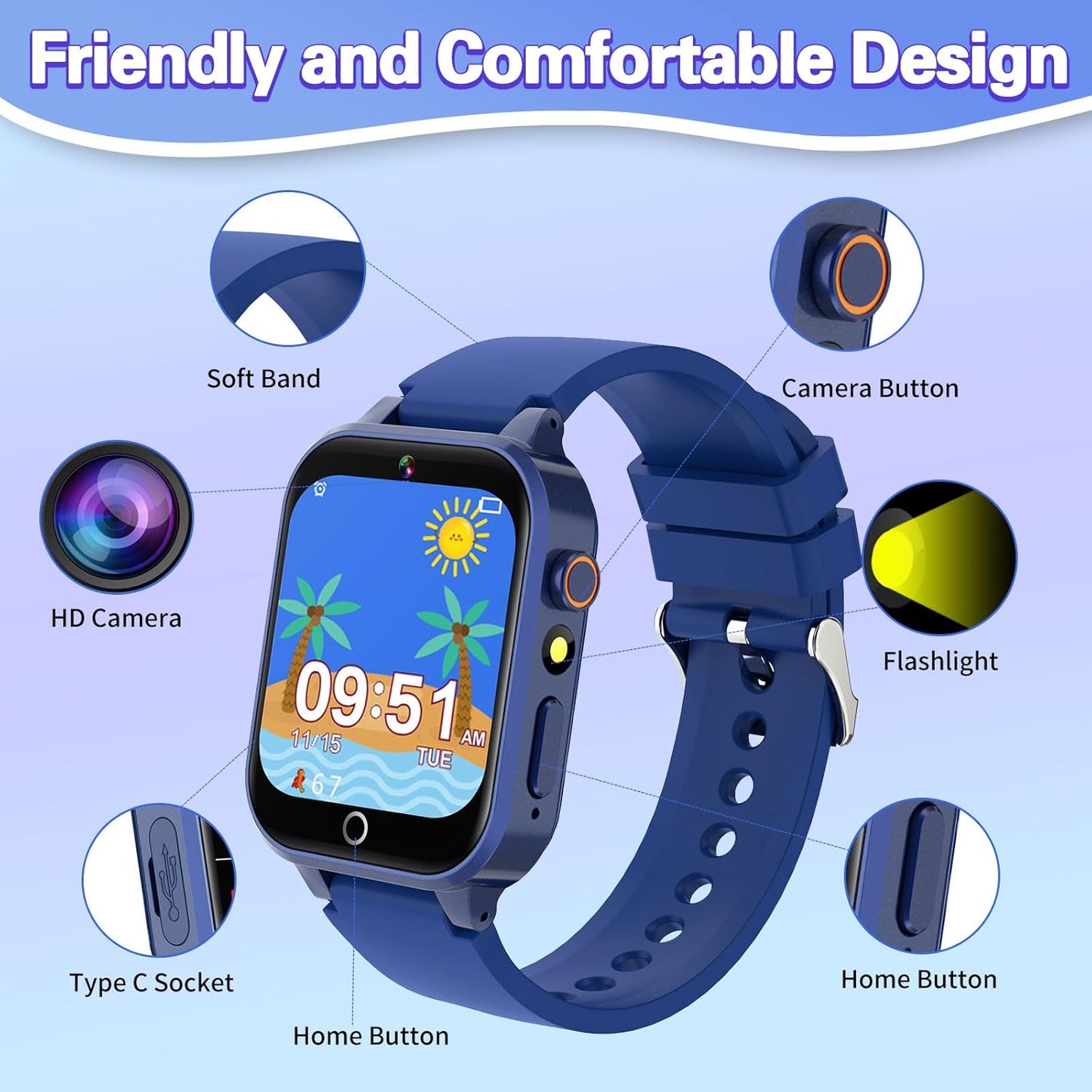 Vakzovy 39 MP3 5-12 Smart Watch for Kids with Puzzle Games HD Camera Player Audiobook Video Pedometer Habit Tracking