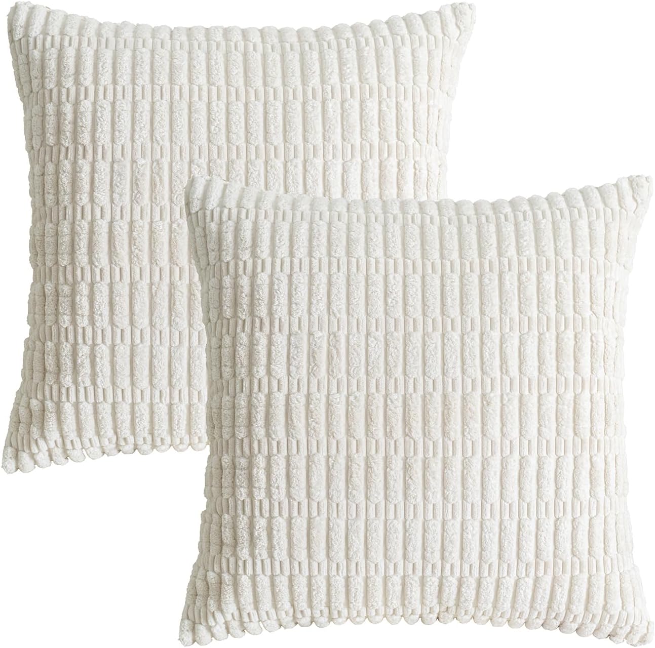 Skiennix Corduroy Throw Pillow Covers - Soft Boho Striped Design | 18x18 Inch Cream White for Modern Home Decor