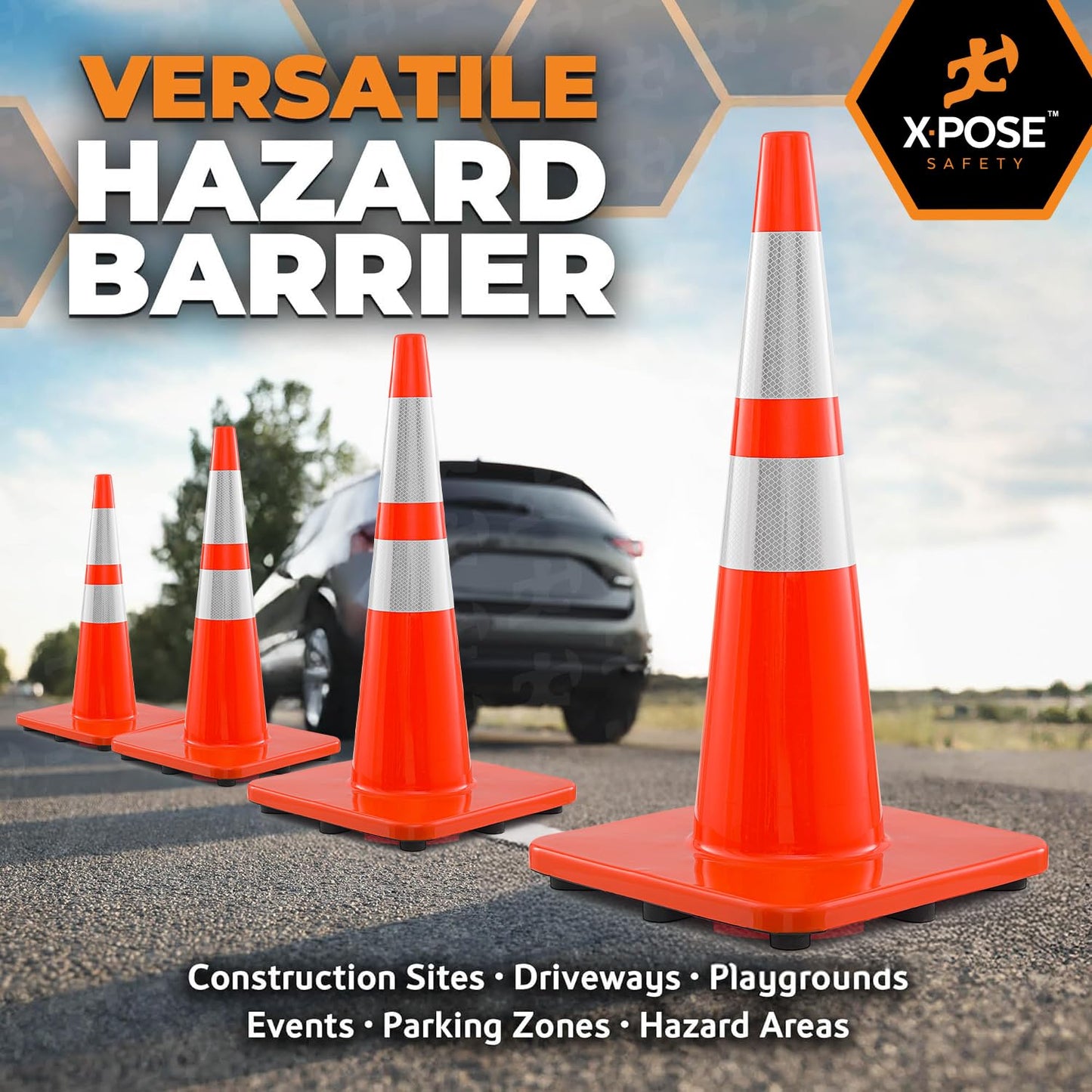 Xpose Safety 28 Inch Orange Slim Line Traffic Cones Heavy Duty 10lb with 6" & 4" Collars, 4 Pack Multipurpose PVC Plastic Safety Cone for Parking, Soccer, Caution, Kids & Construction - DOT Approved