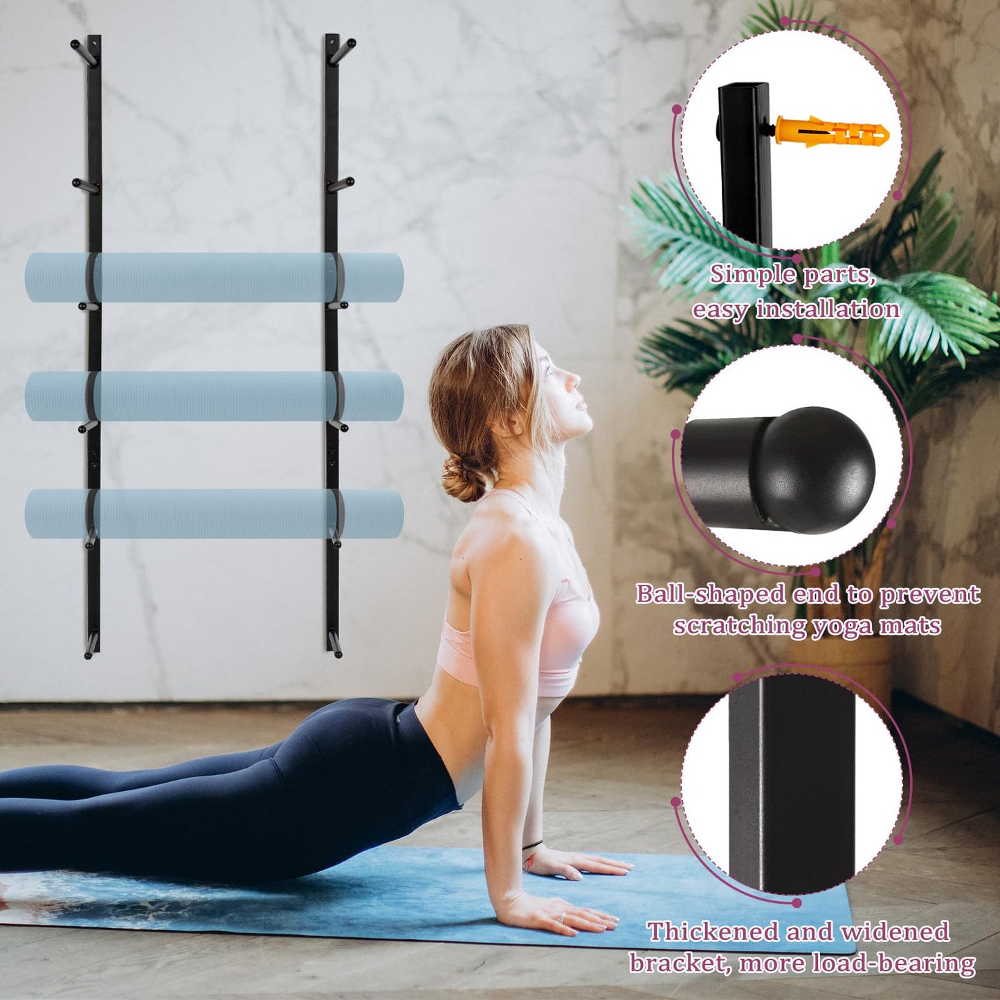 Retyion Yoga Mat Holder Wall Mount Yoga Mat Storage Holder Yoga Mat Organizer Skateboard Wall Mount for Foam Rollers Skateboard Ski Board