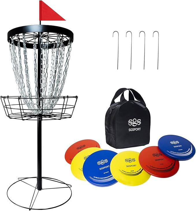 Disc Golf Basket with Discs | Portable Disc Golf Target with Heavy Duty 24-Chains Disc Golf Course Basket, Come with 6pcs Disc Golf Discs with Carry Bag