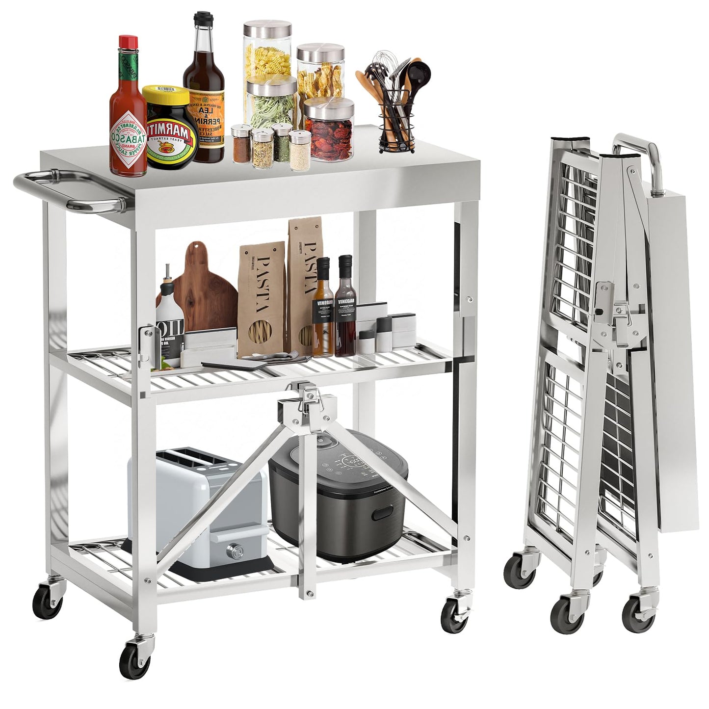 Stainless Steel Foldable Rolling Kitchen Cart with 3-Tier Shelves, 300LB Capacity, Wheels & Foldable Design, Top Worktable for Food Prep, Ideal for Kitchen, Restaurant, Warehouse, Outdoor & Hotel Use