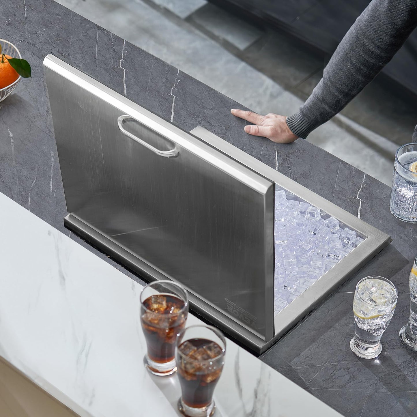 VEVOR Drop in Ice Chest, 20" L x 16" W x 13" H Stainless Steel Ice Cooler, Commercial Ice Bin with Hinged Cover, 40 qt Outdoor Kitchen Ice Bar, Drain-Pipe and Drain Plug Included, for Cold Wine Beer