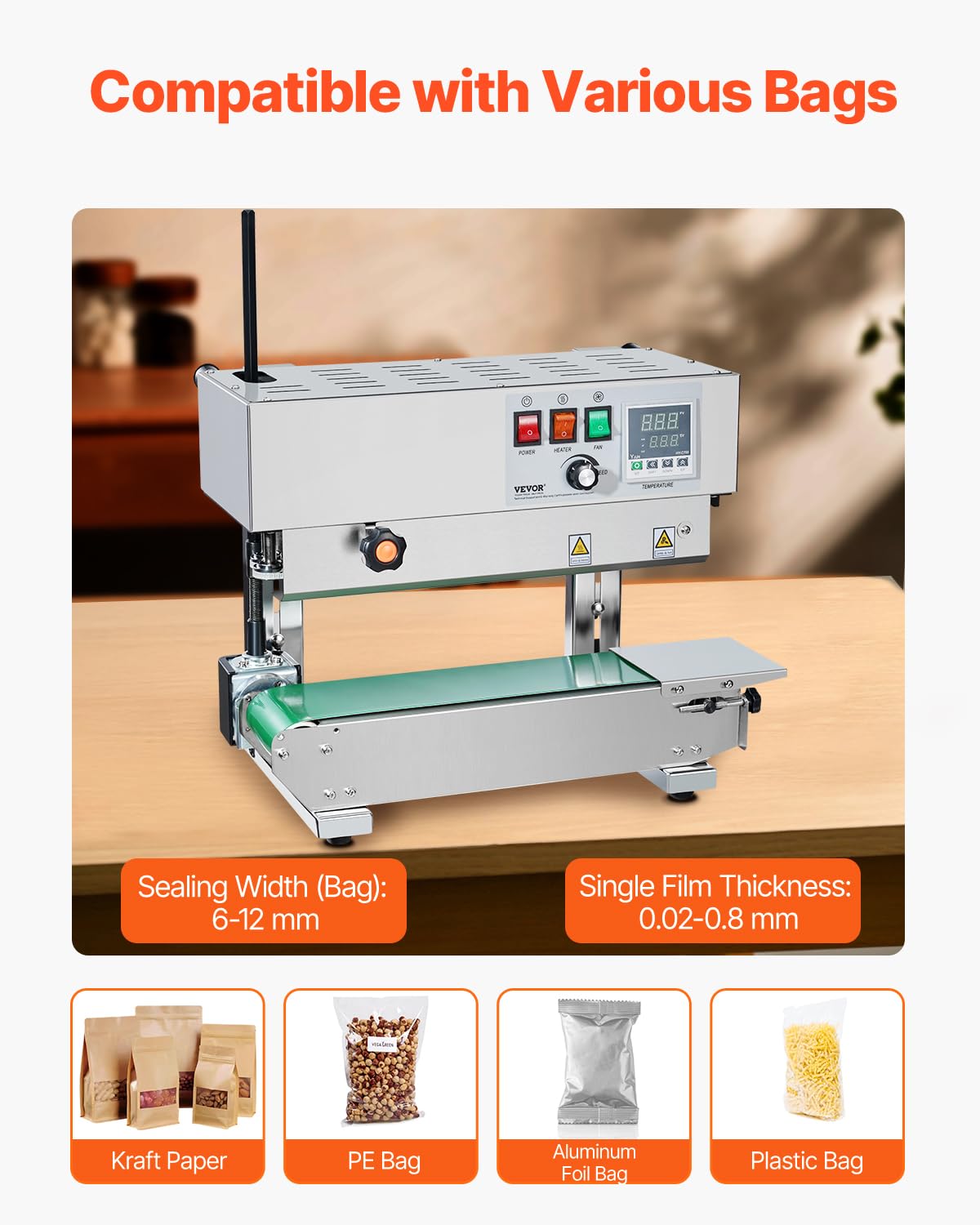 VEVOR Continuous Bag Band Sealing Machine, 0.24-0.47 in/6-12 mm Seal Width, Vertical Band Sealer Machine with Digital Temperature Control, Stainless Steel Bag Sealer for 0.02-0.8 mm Plastic Bags Films