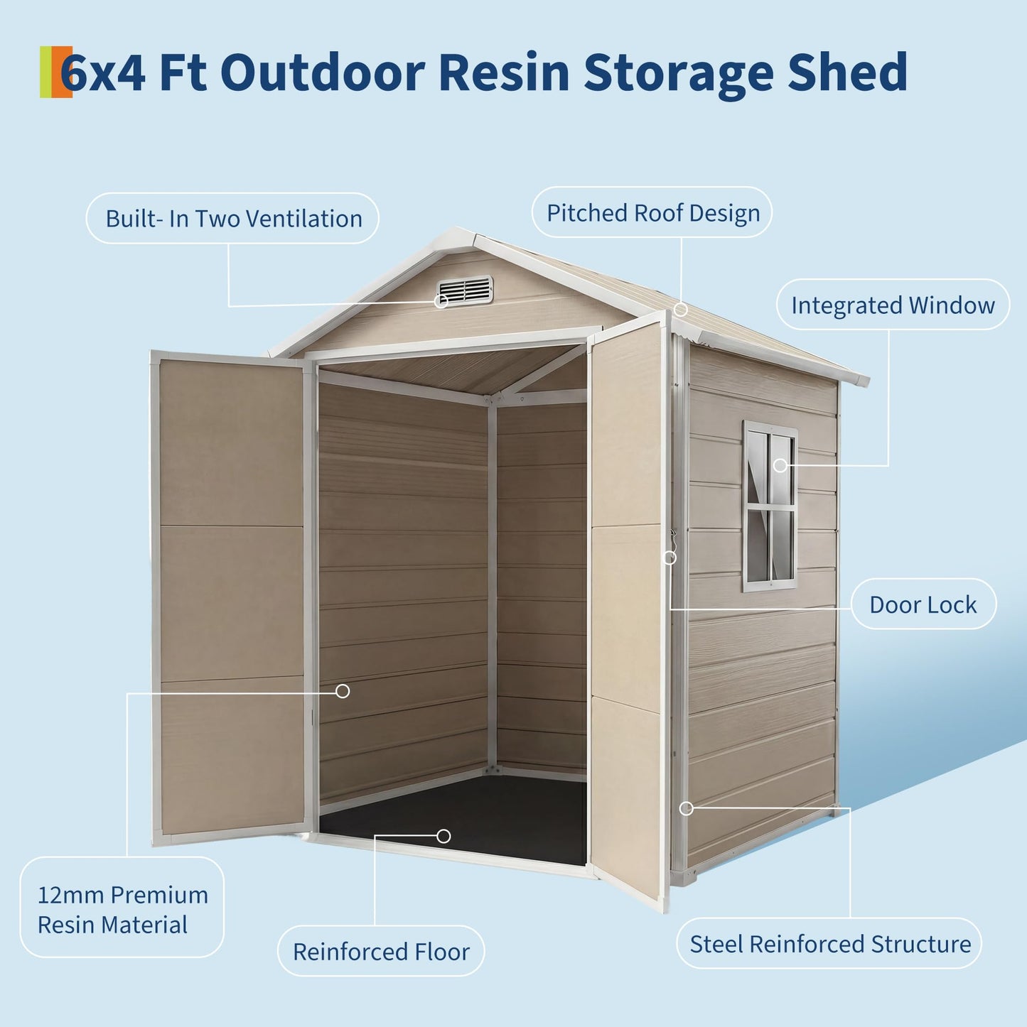 6x4 ft Outdoor Storage Shed with Floor, Plastic Resin Garden Shed with Window & Lockable Door, Tool Shed for Patio, Backyard, Lawn Mower, Bike Storage