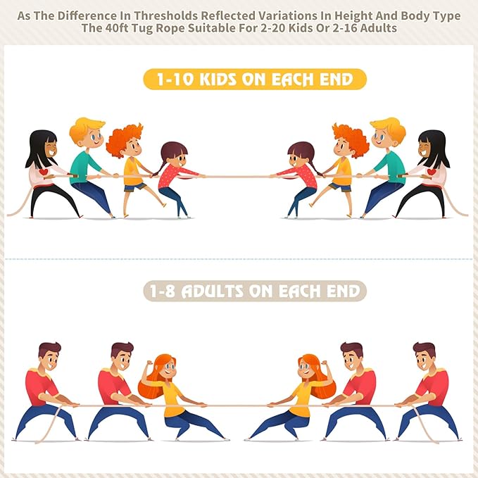 Tug of War Rope for Kids and Adults,Outdoor Games Field Day Family Reunion Birthday Party Games, Summer Outside Yard Backyard Lawn Games, Camping Picnic Carnival Games,Team Building (Off-White, 40FT)