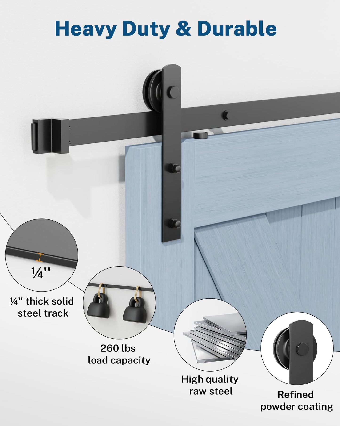 Titeck Barn Door Hardware Kit -6.6FT Sliding Door Hardware with Adjustable Floor Guide, 2 Handles and Latch -Fit 36''-40'' Wide Panel, I Shape Hanger, Black