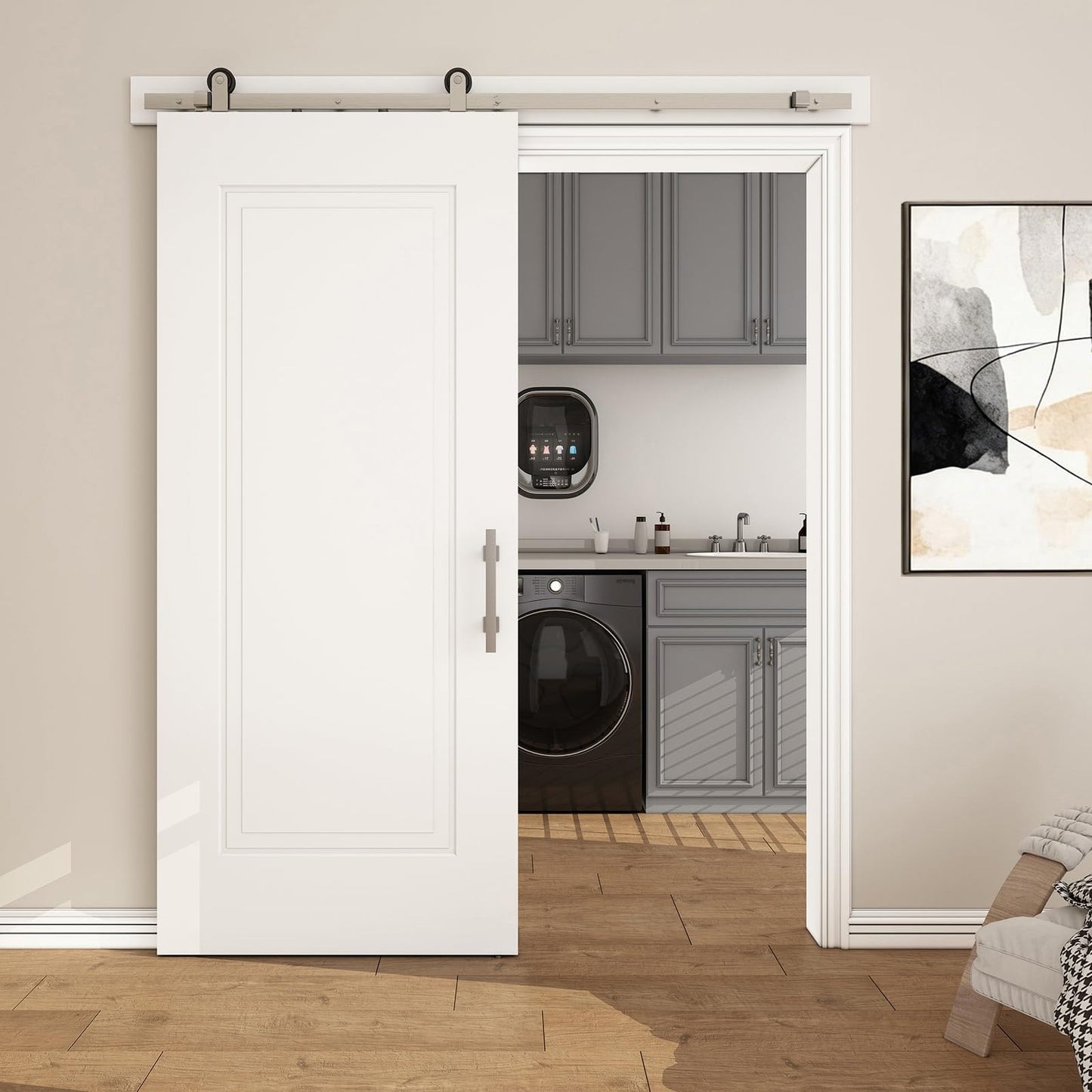 JUBEST 36''x84'' Sliding Barn Door, 1 Panel with 2 Steps White Primed Sliding Closet Door with Satin Nickel 6FT Hardware Kit, Hollow Core Interior Door, Pre-Assembled Panels, Durable & Sturdy
