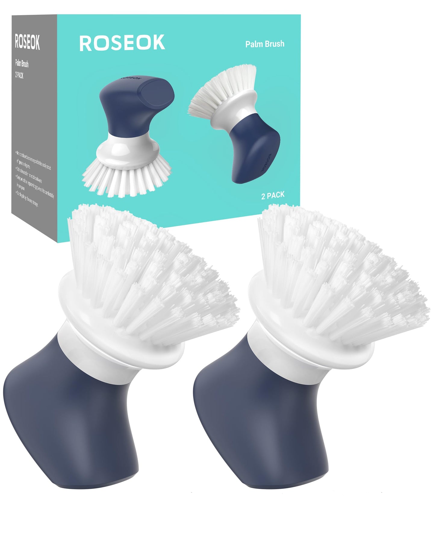 ROSEOK Dish Scrub Brush,Self-Standing Palm Brush with Ergonomic Grip for Cleaning Dishes,Non-Stick Pans and Sinks,Navy Blue,2 Pack