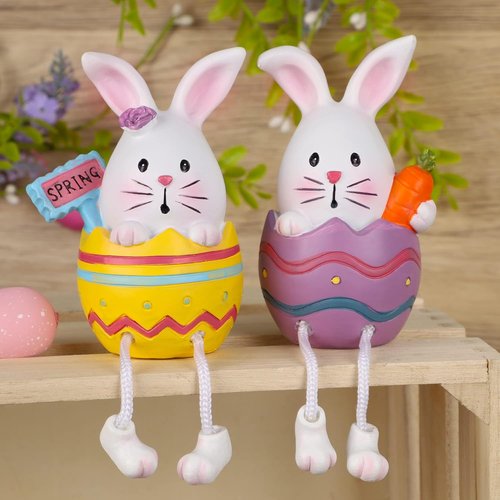 Lulu Home Easter Bunny Figurines - 2 Pack Resin Shelf Sitters with Dangling Legs | Modern Tabletop Decor