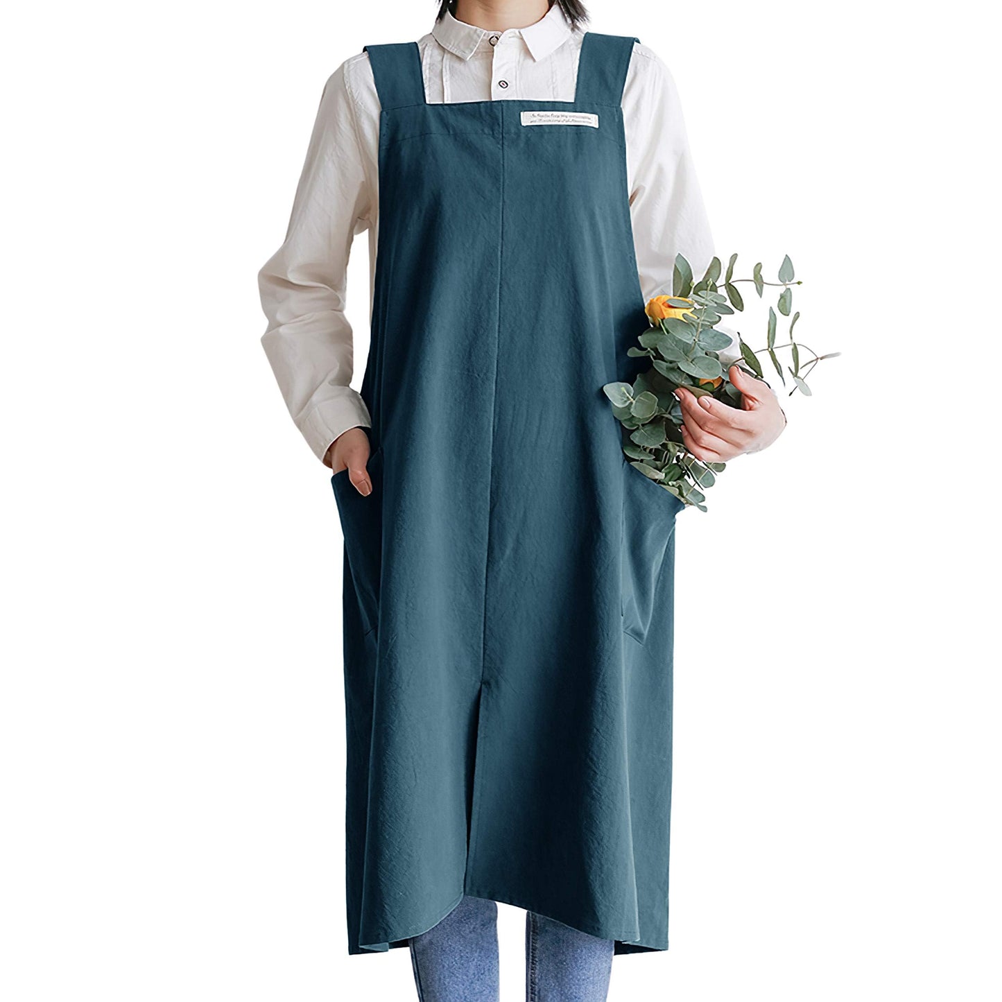 HANEE Cotton Aprons for Women Men | Cross-Back Apron with Pockets (Deep Teal)