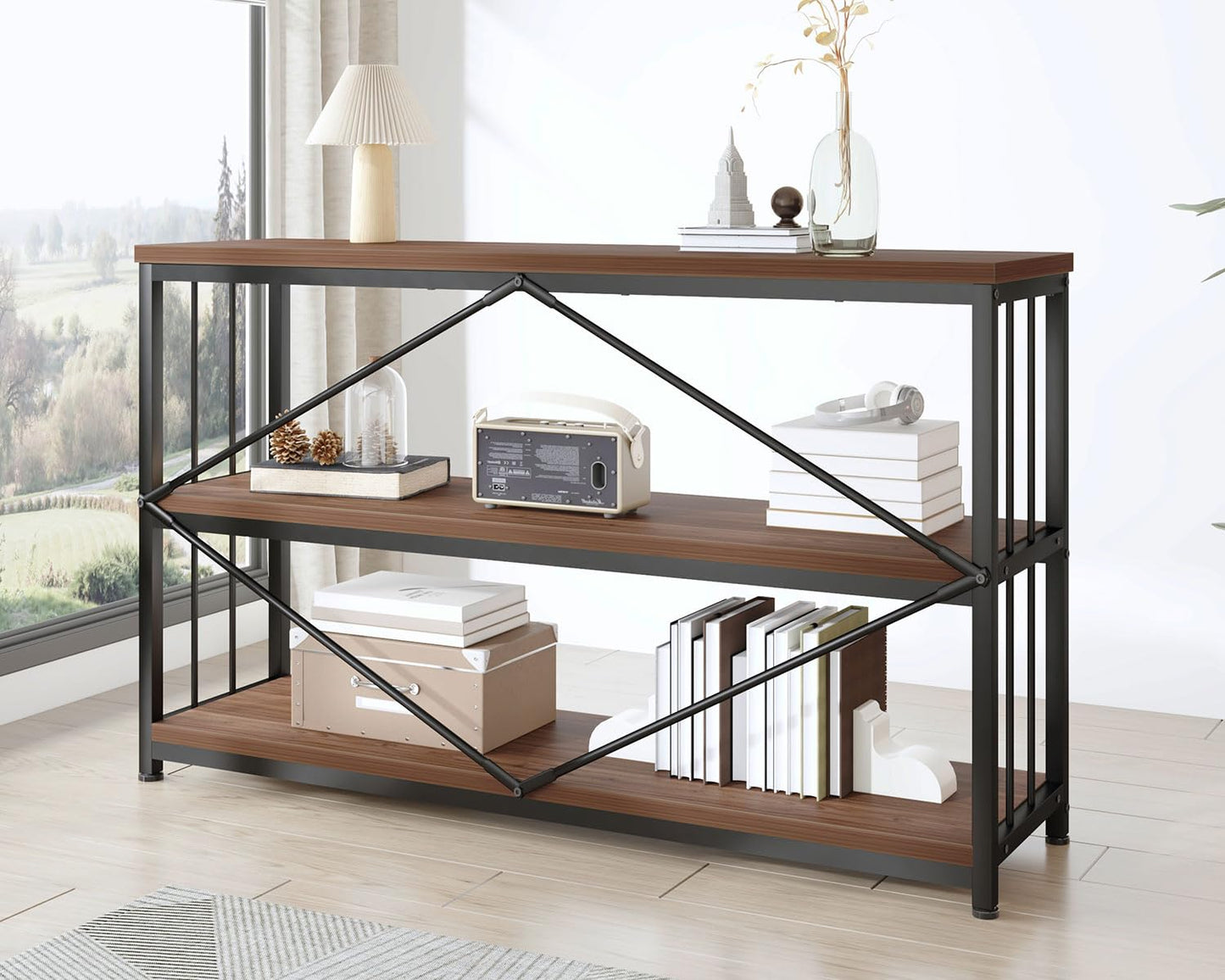 IBF 3-tier Industrial Bookshelf, Wood and Metal Horizontal Shelves Rustic Low Wide Bookcase with Large Open Storage, Farmhouse Simple Display Shelf for Home Office Living Room Kitchen, Walnut, 47 Inch