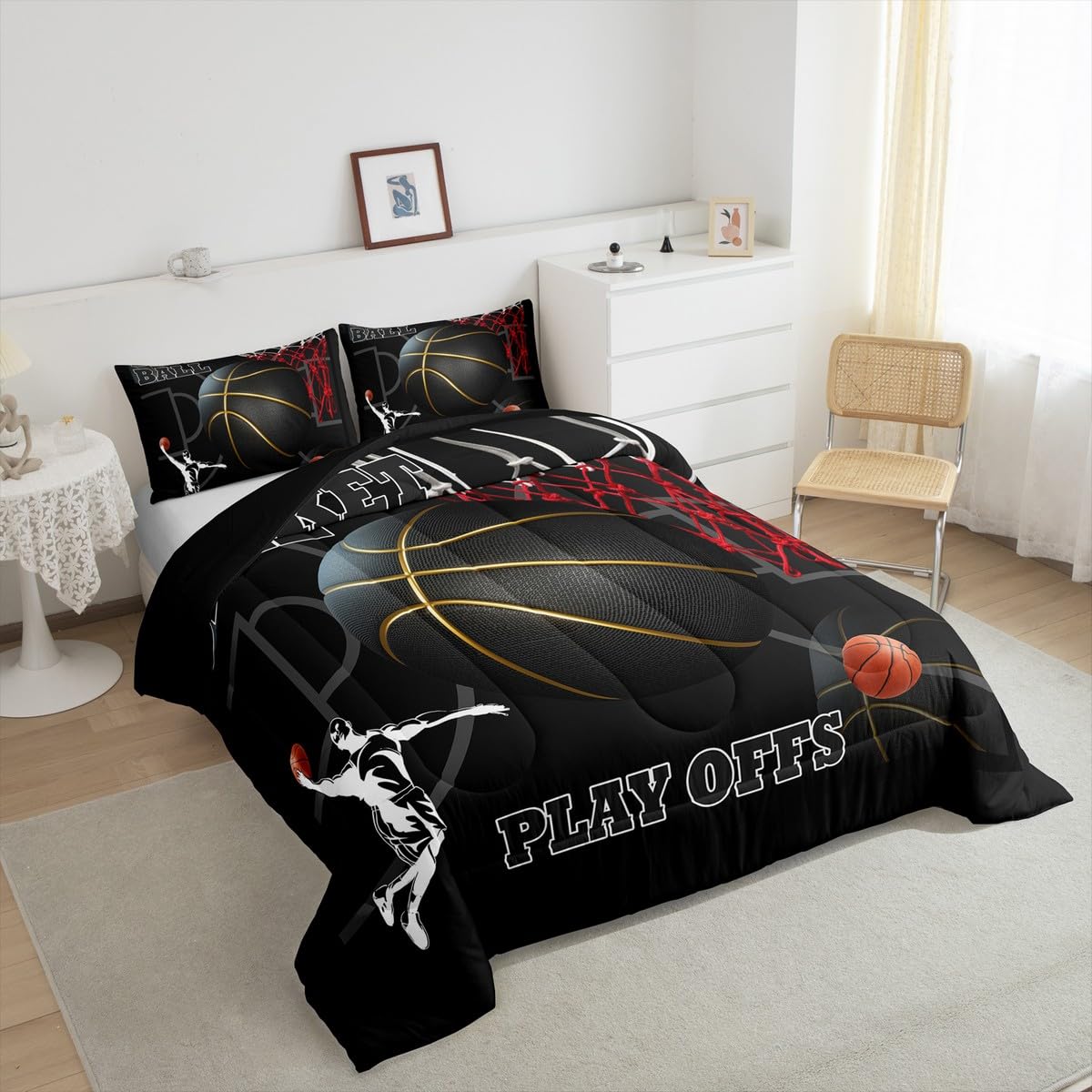 Basketball Room Bedding for Boys Sport Dunk Basketball Comforter Set Queen Size for Kids Teens, 3D Black Ball Printed Bedding Comforter Sets Sport Game Ball Theme Duvet Insert Basketball Player Quilt