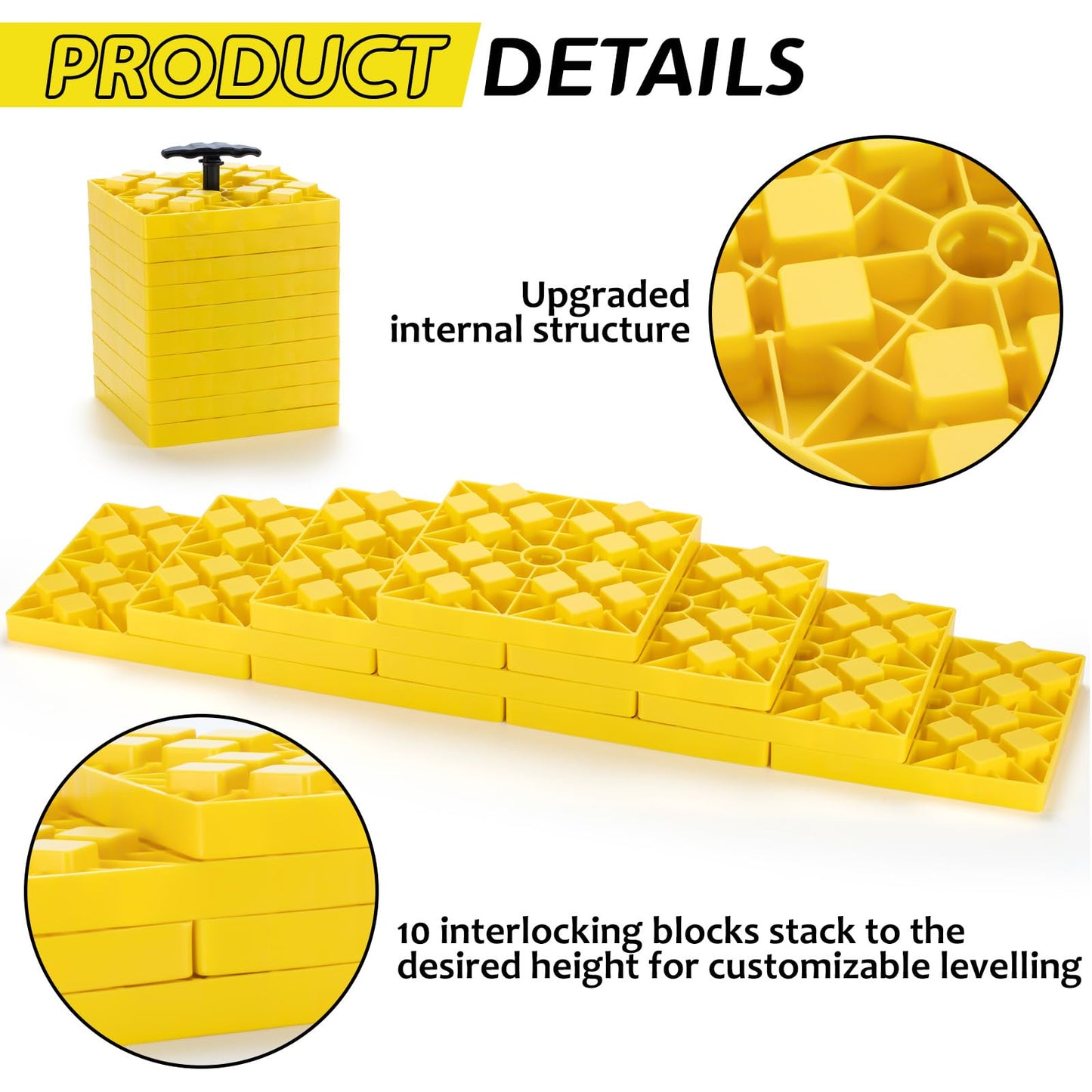 BYERNAUTO RV Leveling Blocks 10 Pack, Heavy Duty Camper Levels Blocks, Interlocking Leveling Blocks with Carrying Bag for Single and Dual Wheels Hydraulic Jacks Tongue Jacks Tandem axles Yellow