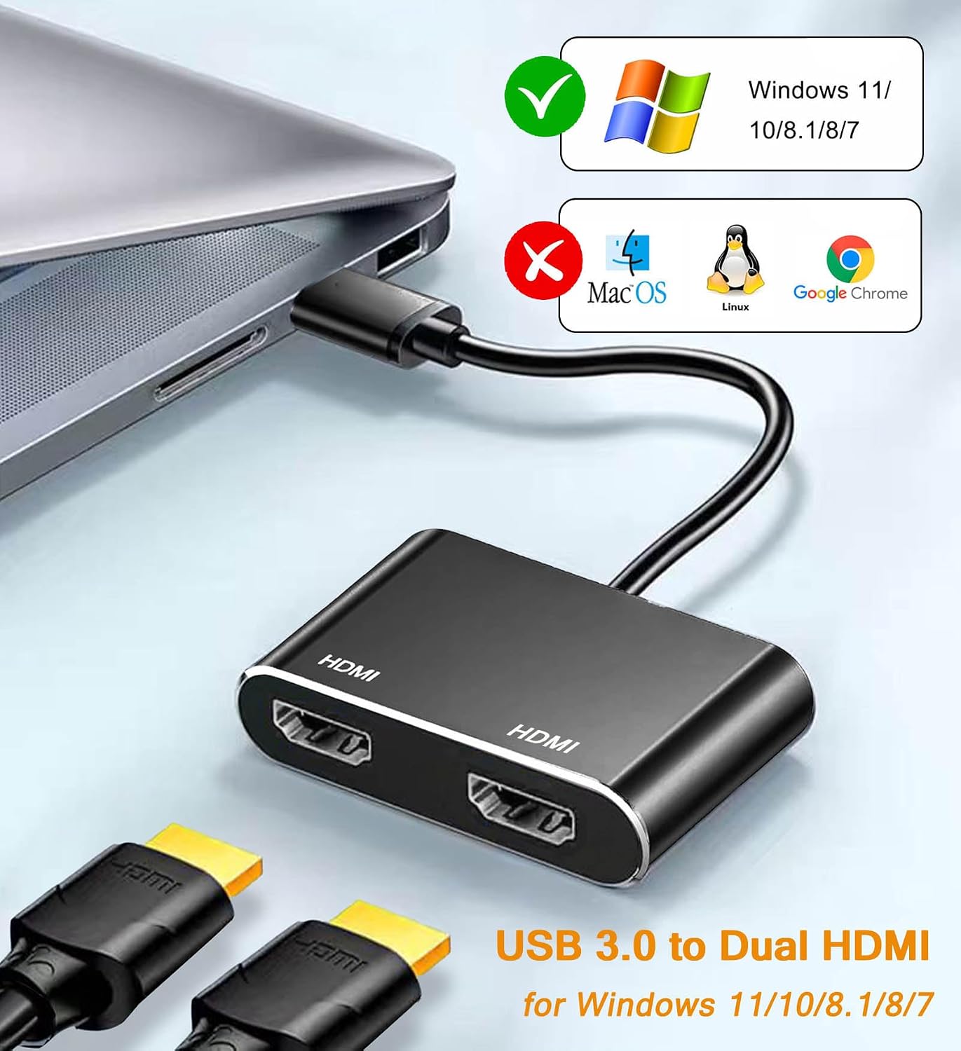 AKWOR 2 3.0 1920 1080P@60HZ USB to HDMI Adapter for Monitors, USB to Dual HDMI Adapter * Full HD Audio Video Graphics