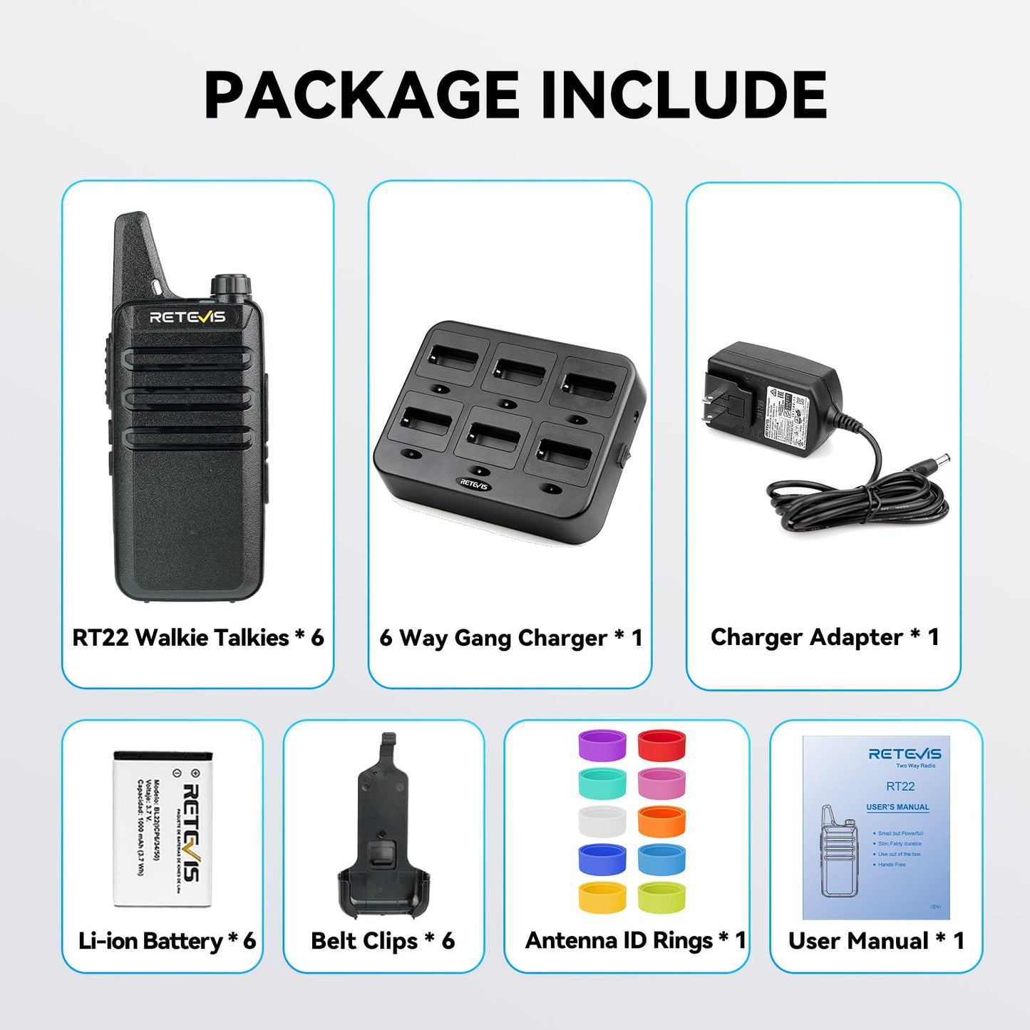 Retevis RT22 Walkie Talkies Rechargeable Hands Free 2 Way Radios Two-Way Radio(6 Pack) with 6 Way Multi Gang Charger