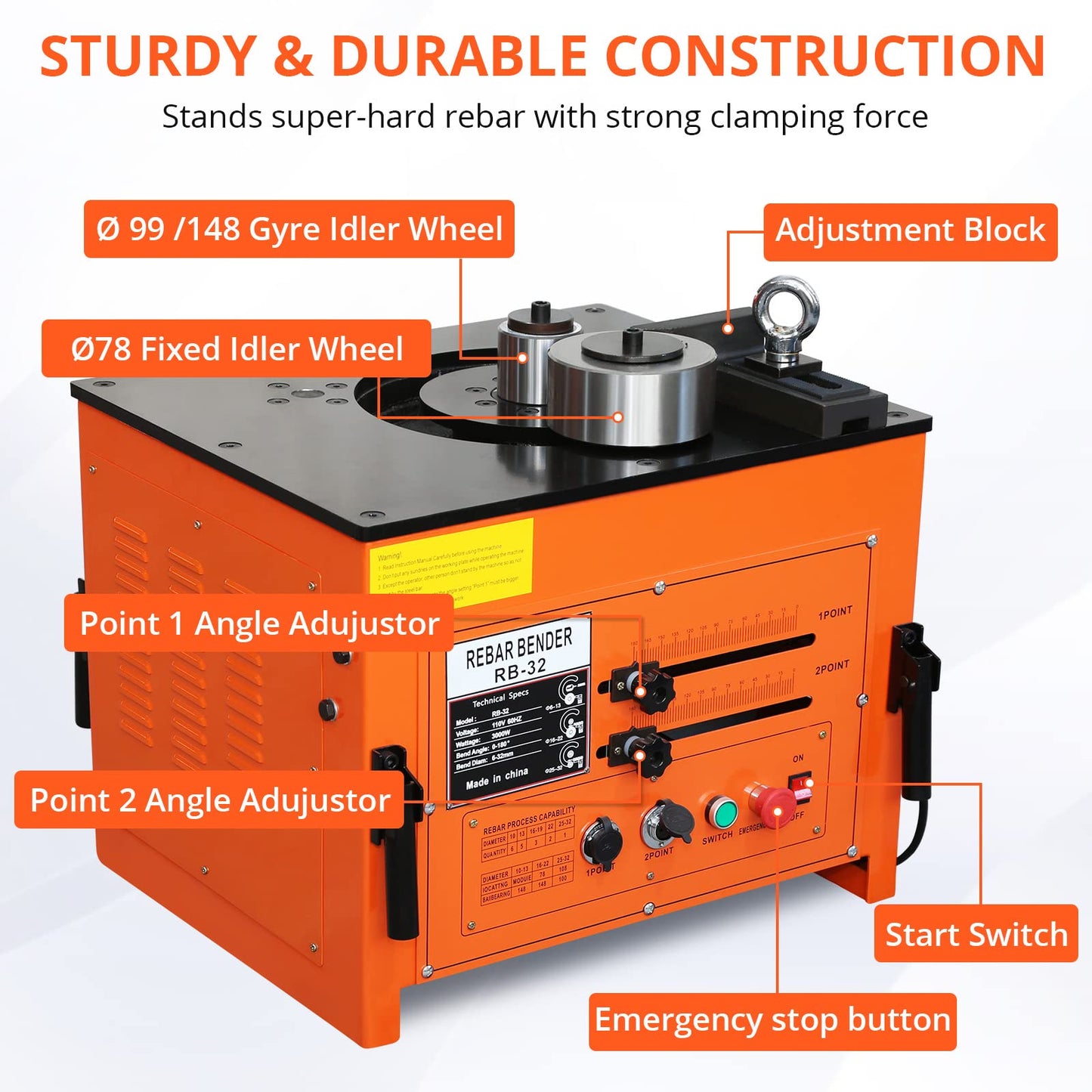 Electric Rebar Bender 3000W up to 1.3 inch with Our Electric Bender - Achieve 0-180° Angles, Operate with Convenient Foot Pedal Switch & from Powerful 3000W Motor