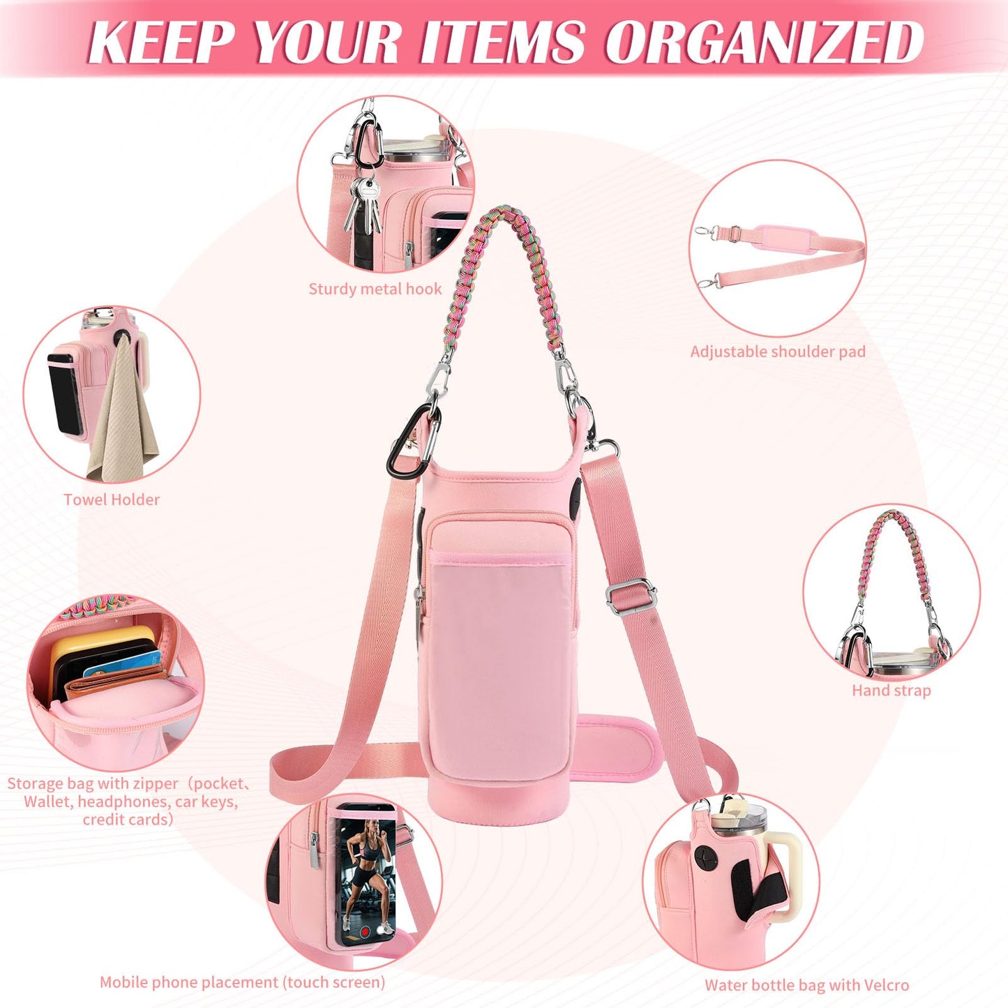 Magnetic Gym Bag for Men, Water Bottle Carrier Holder with Strap, Phone Pockets for Stanley Cup 40 oz Tumbler, Small Bag Gym Accessories for Women with N52 Super Magnet(Pink)