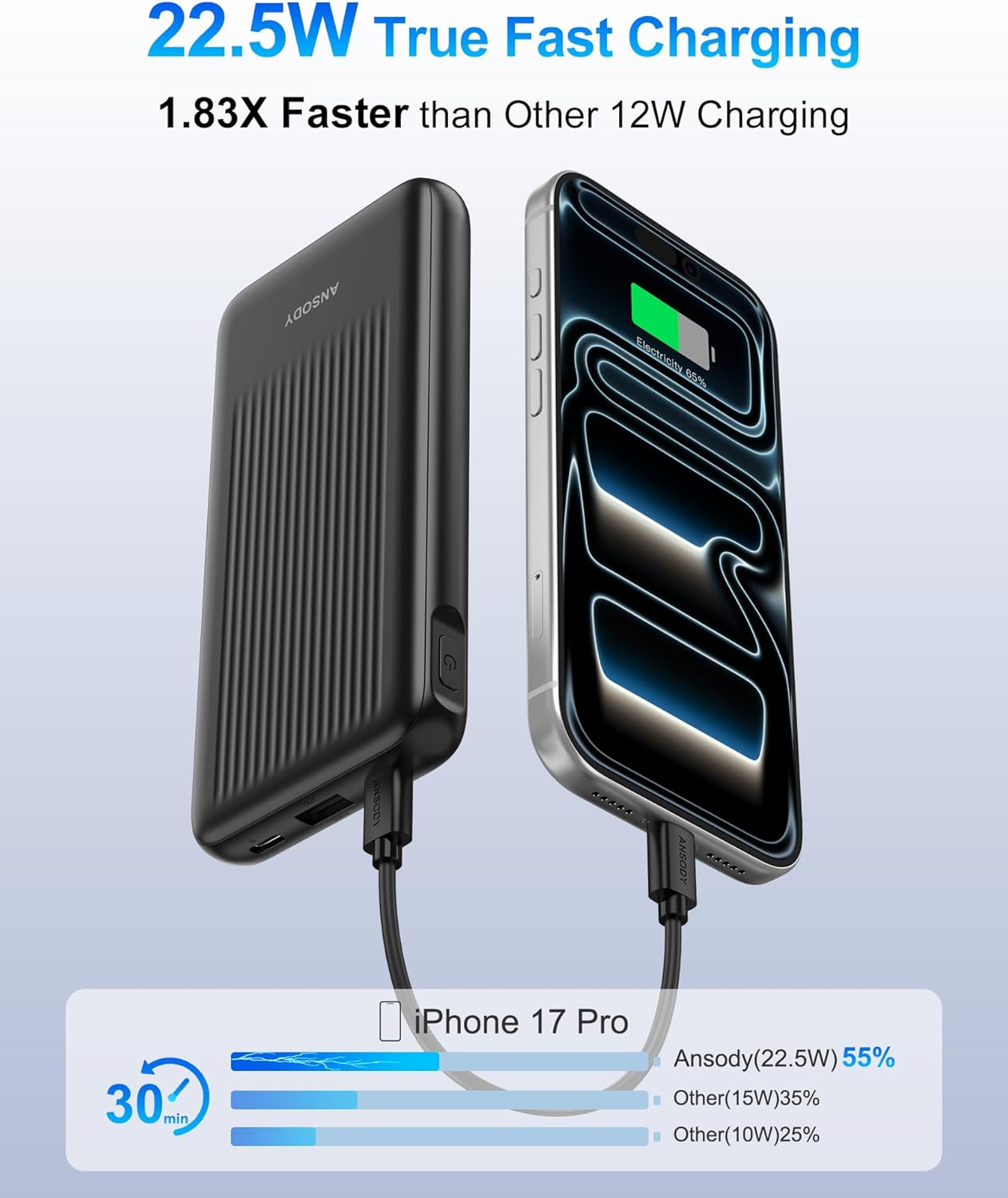 Ansody 2-Pack 10000mAh 22.5W 2 2 Pack Portable Charger, Slim USB C Power Bank Fast Charging with Outputs & Inputs