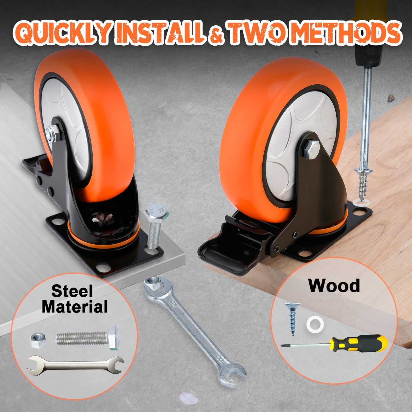 6 Inch Heavy Duty Swivel Caster Wheels with Brake - Set of 4, 3000 Lbs Capacity, PVC No Noise No Marking Wheels for Furniture, Carts, and Equipment (Includes Free Screws)