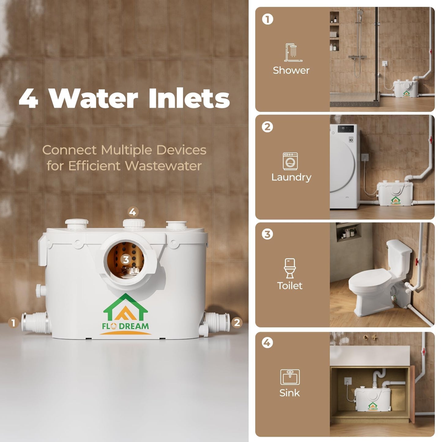 Macerating Toilet with Pump–Upflush Toilet System for Basement/Attic, 4 Water Inlets & AC Vent, 36ft Vertical Lift, Dual Flush, Easy Install,17.7" Elongated Bowl