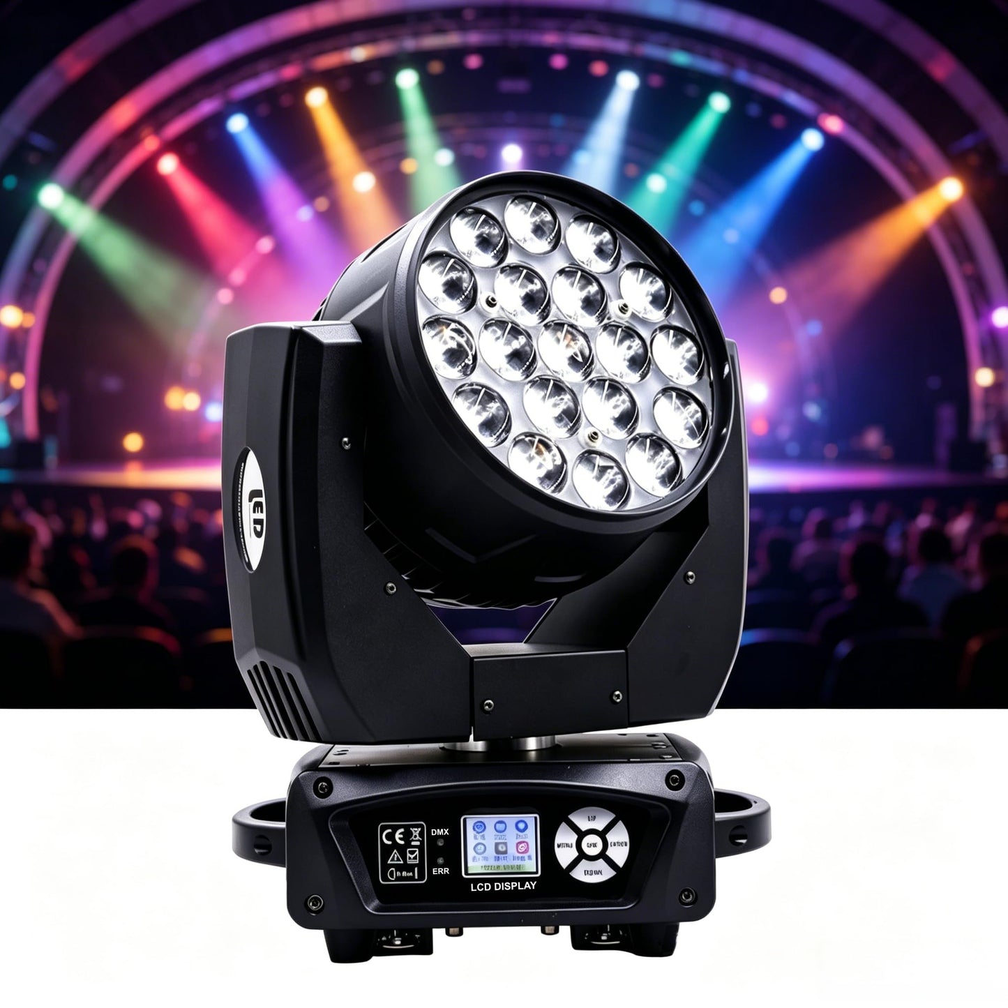 JCYWFLODY 19x15W Moving Head Light for Stage Lighting Effect, RGBW 4-in-1 LED Stage Light with Zoom Beam Wash, Auto DMX Control DJ Lights for Parties Wedding Disco Music Nightclub Show Bar, 1 Pack