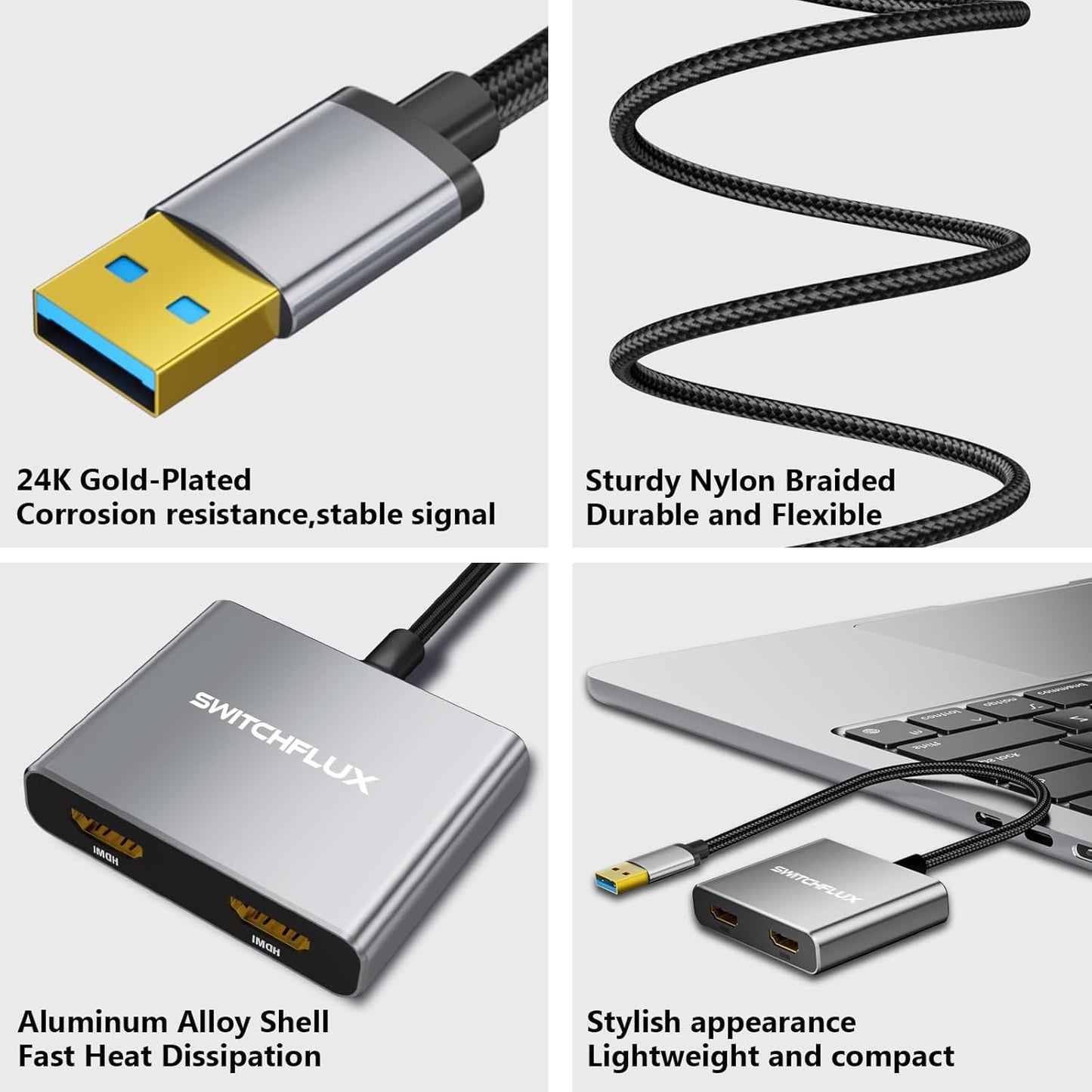 SWITCHFLUX 3.0 USB to HDMI Adapter,[Gold-Plated & Aluminum Shell] USB to Dual HDMI for Dual Monitors,USB A to HDMI