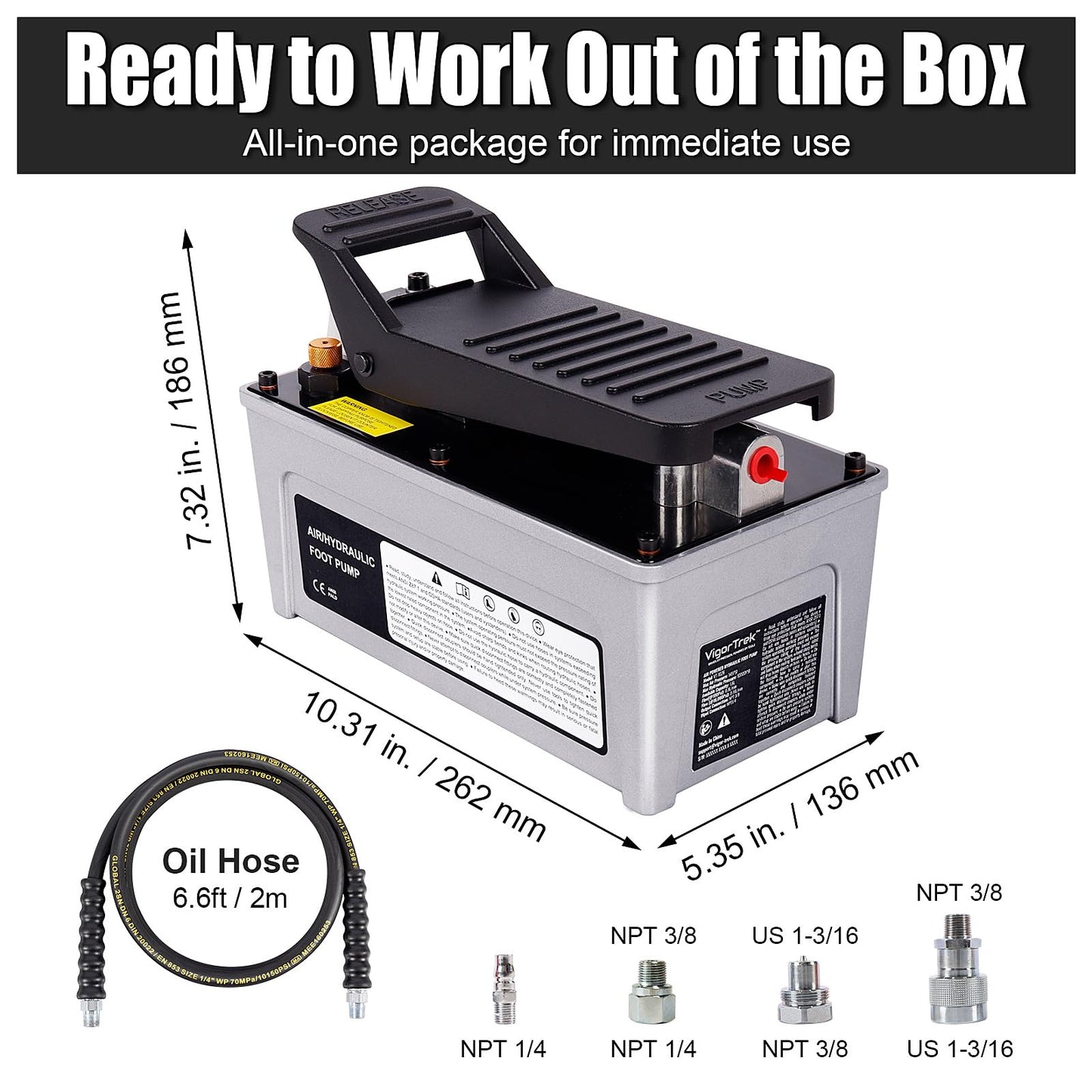 VigorTrek Air Hydraulic Pump, 10,000 PSI, NPT 3/8" Outlet & 1/4" Inlet, Foot Pedal Hydraulic Pumps with 6.6 ft Hose and Hydraulic Coupler, for Hydraulic Press, Rams & Frame Machine, Grey
