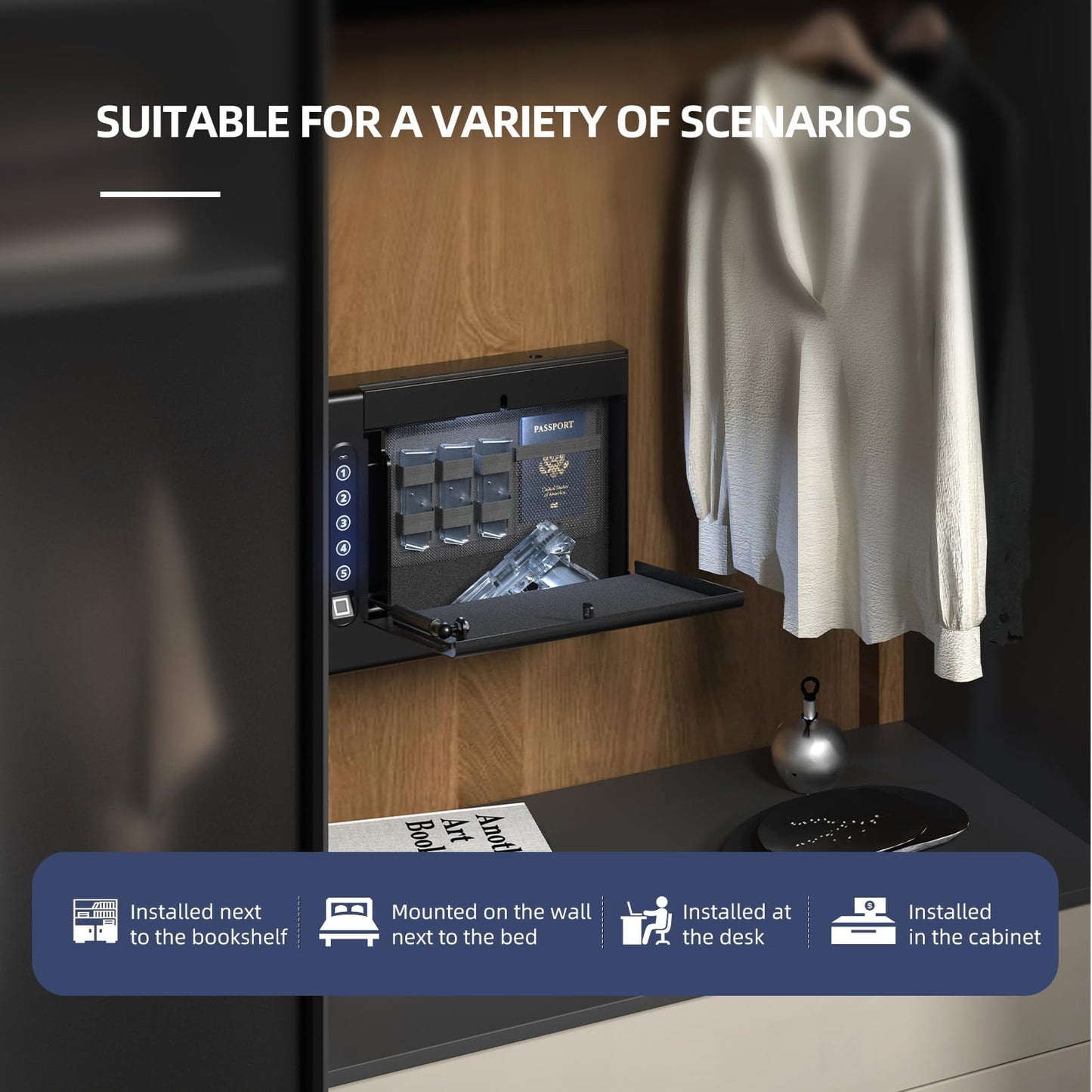 XDeer Biometric Wall Safe without Gas Strut for Quick Access, Hidden Storage for Full-Size, LED Light, Silent Mode, and Backlit Digital Keypad S008QG (S008) (With Gas)